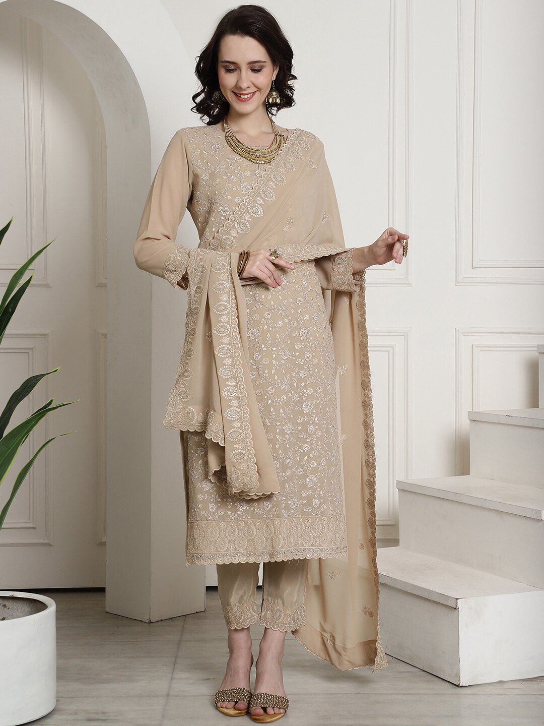 

Stylee LIFESTYLE Embroidered Stone Work Silk Georgette Unstitched Dress Material, Beige