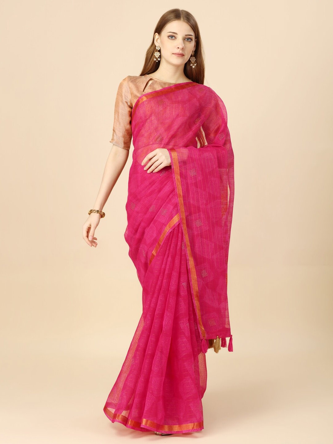 

Triveni Ethnic Motifs Printed Zari Pure Cotton Saree, Pink