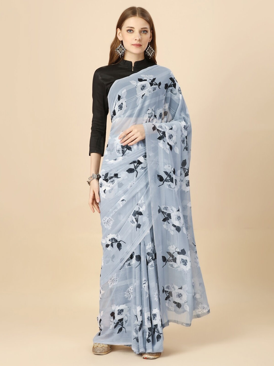 

Triveni Floral Printed Pure Georgette Saree, Grey