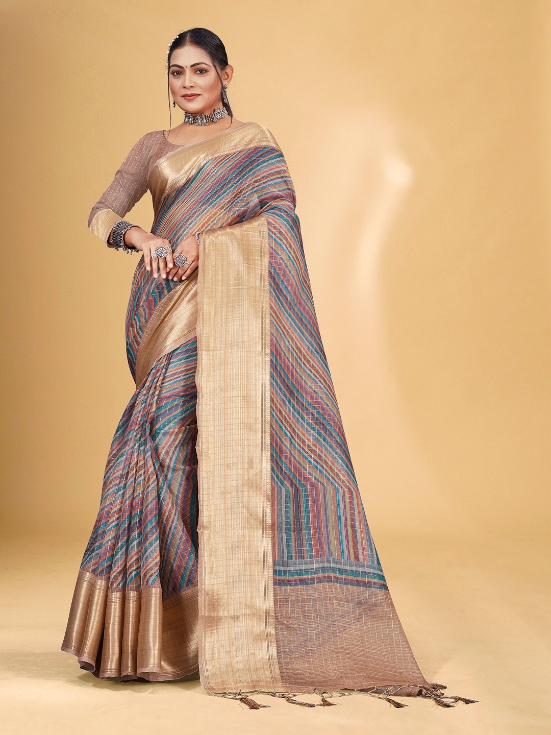 

Fevinaa Striped Zari Organza Saree, Blue