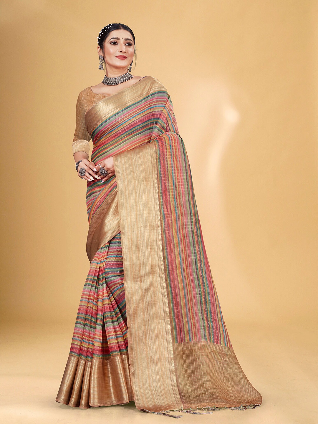 

Fevinaa Striped Zari Organza Saree, Red