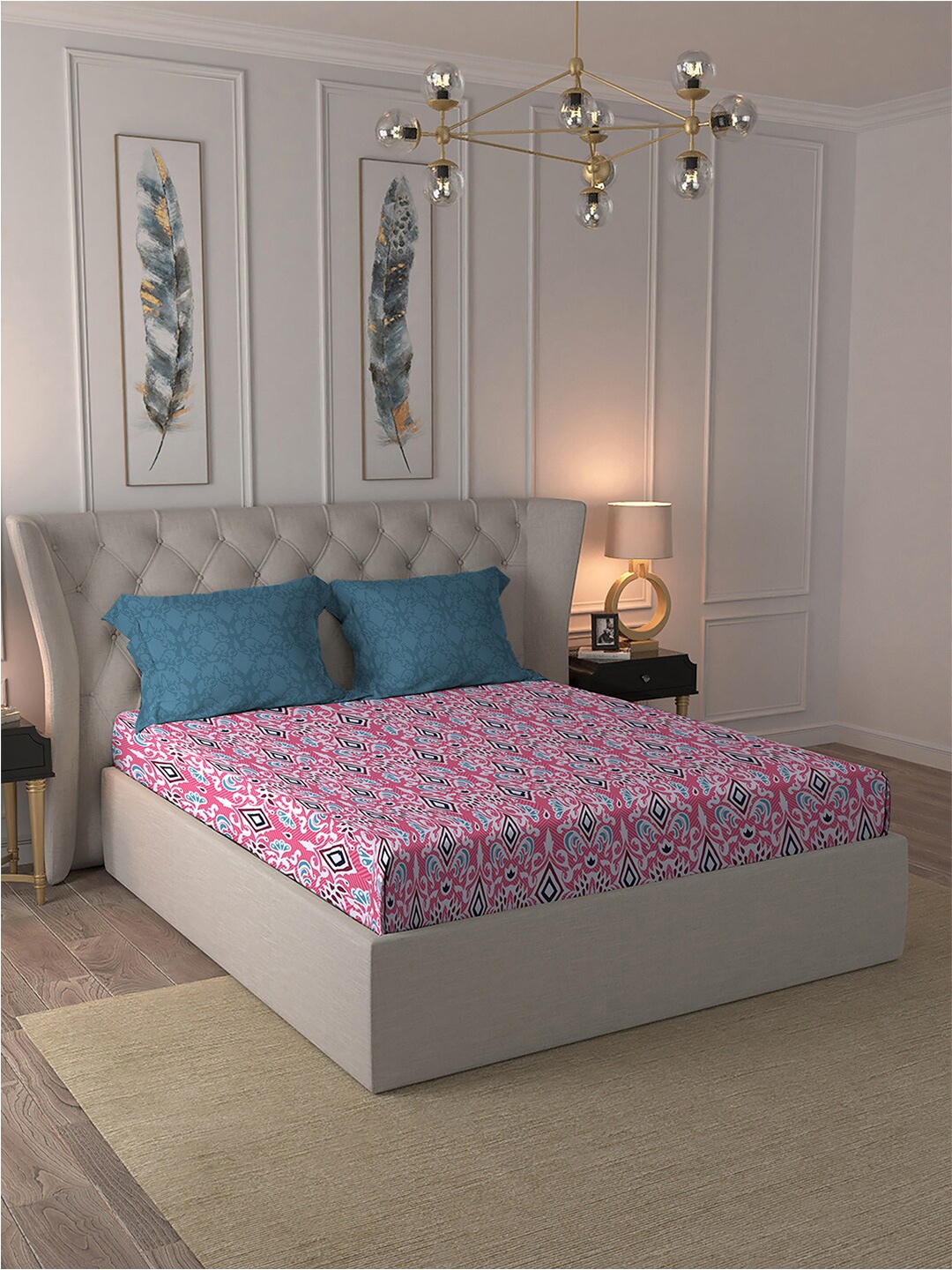 

MYTRIDENT Pink & Blue Ethnic Motifs Pure Cotton 120 TC Queen Bedsheet with 2 Pillow Covers