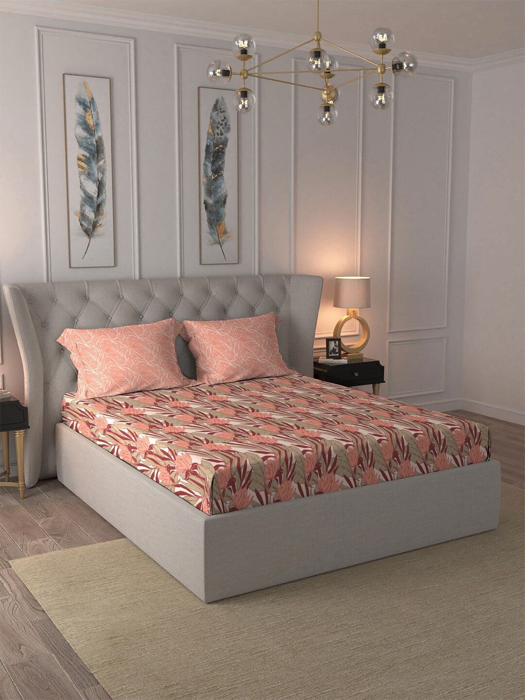 

MYTRIDENT Peach-Coloured & Green Printed Cotton 120 TC Queen Bedsheet with 2 Pillow Covers