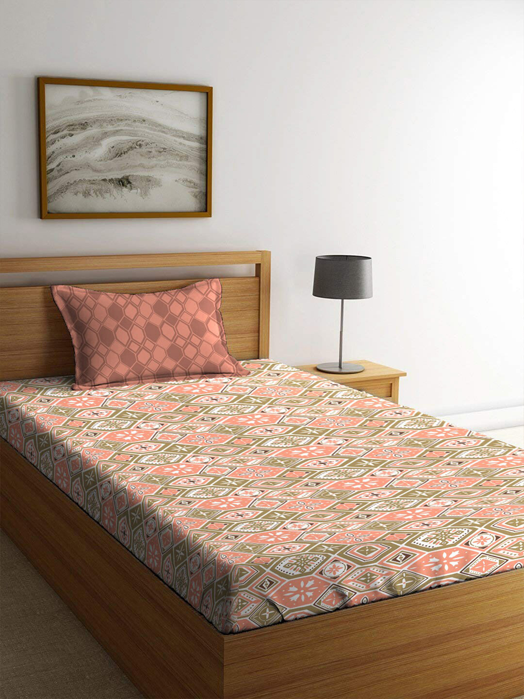 

MYTRIDENT Peach-Coloured & Green Pure Cotton 120 TC Single Bedsheet with 1 Pillow Cover