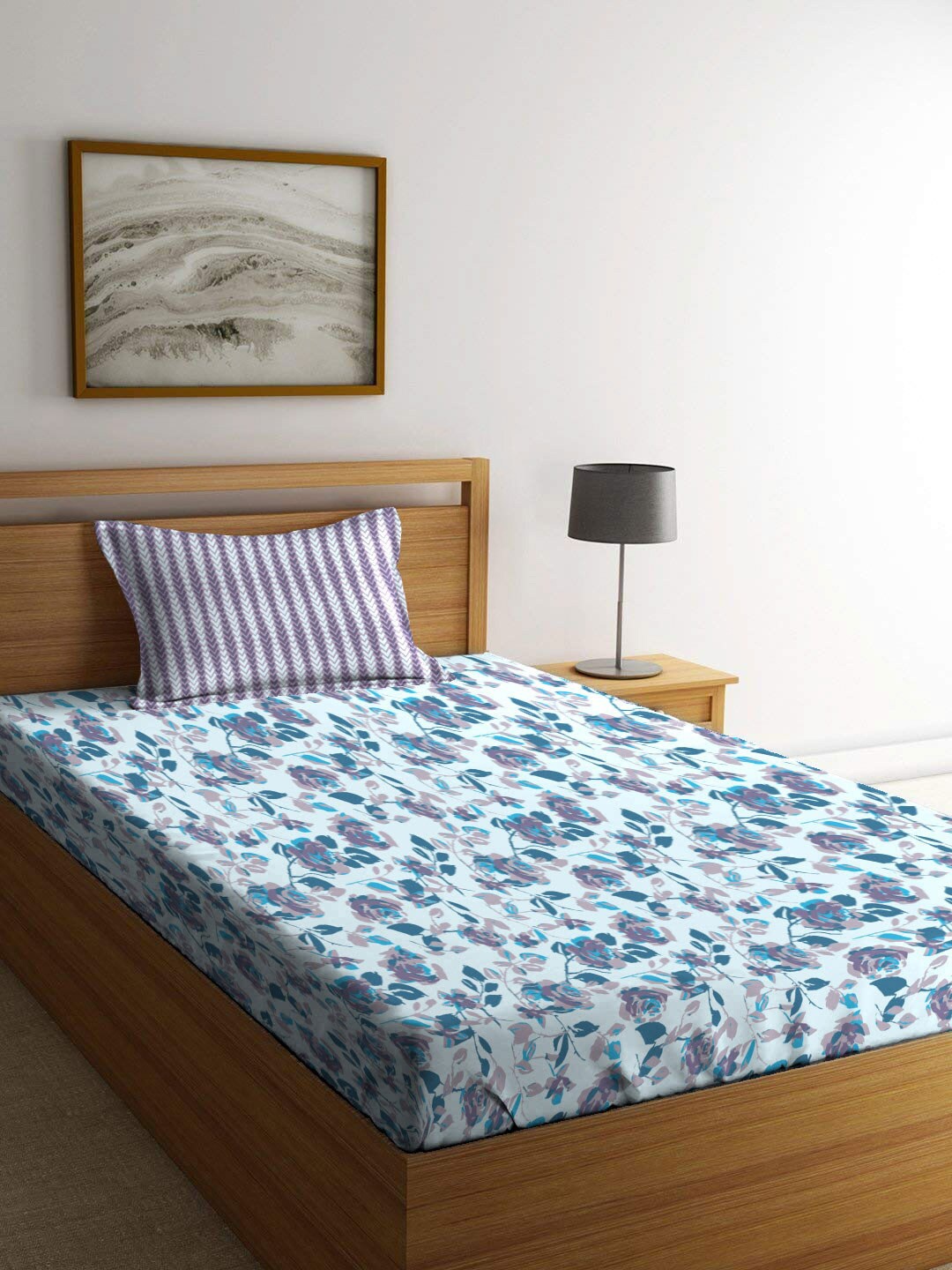 

MYTRIDENT Blue & Purple Floral Cotton 120 TC Single Bedsheet With 1 Pillow Cover