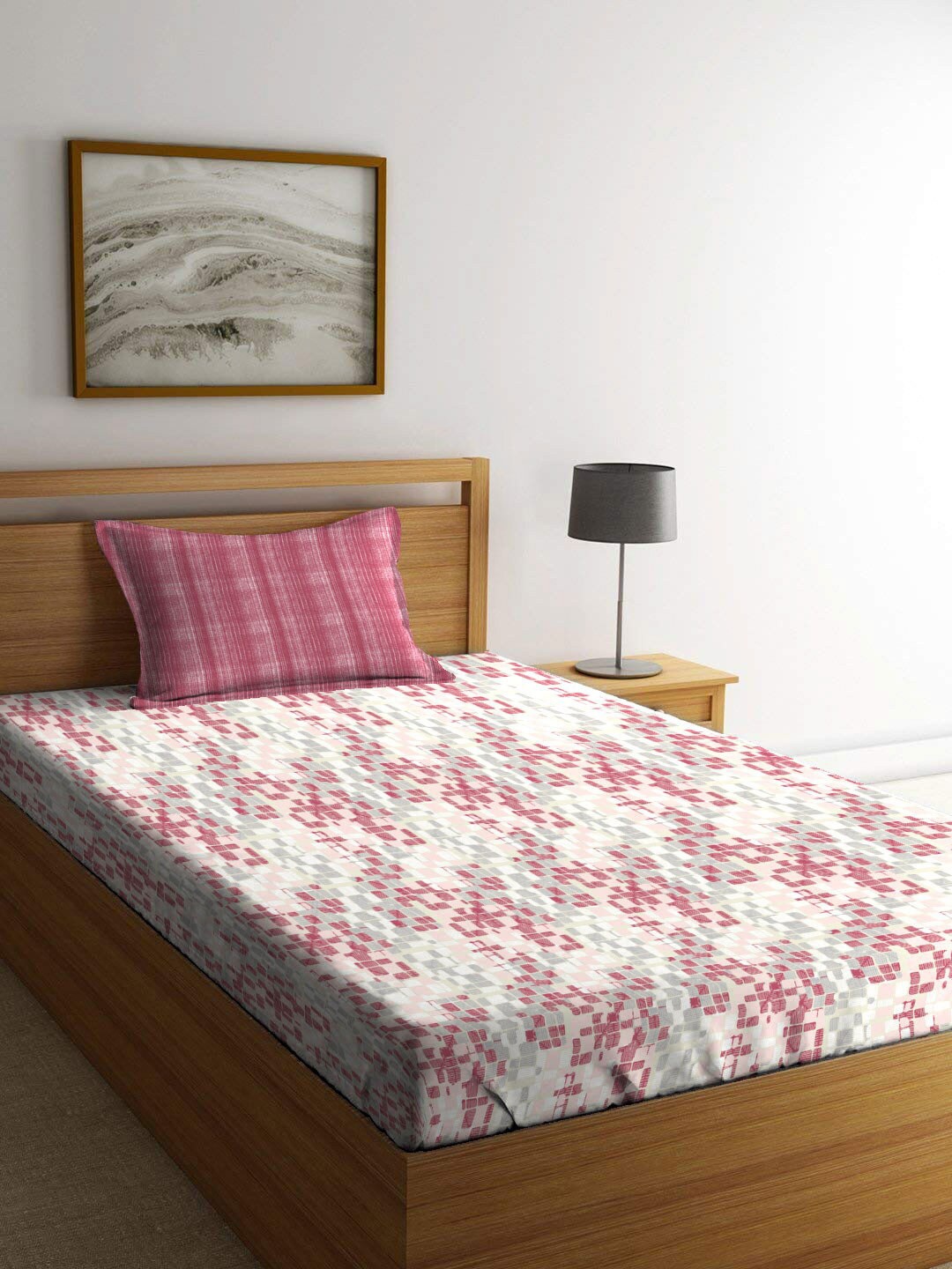 

MYTRIDENT White & Pink Pure Cotton 120 TC Single Bedsheet with 1 Pillow Cover