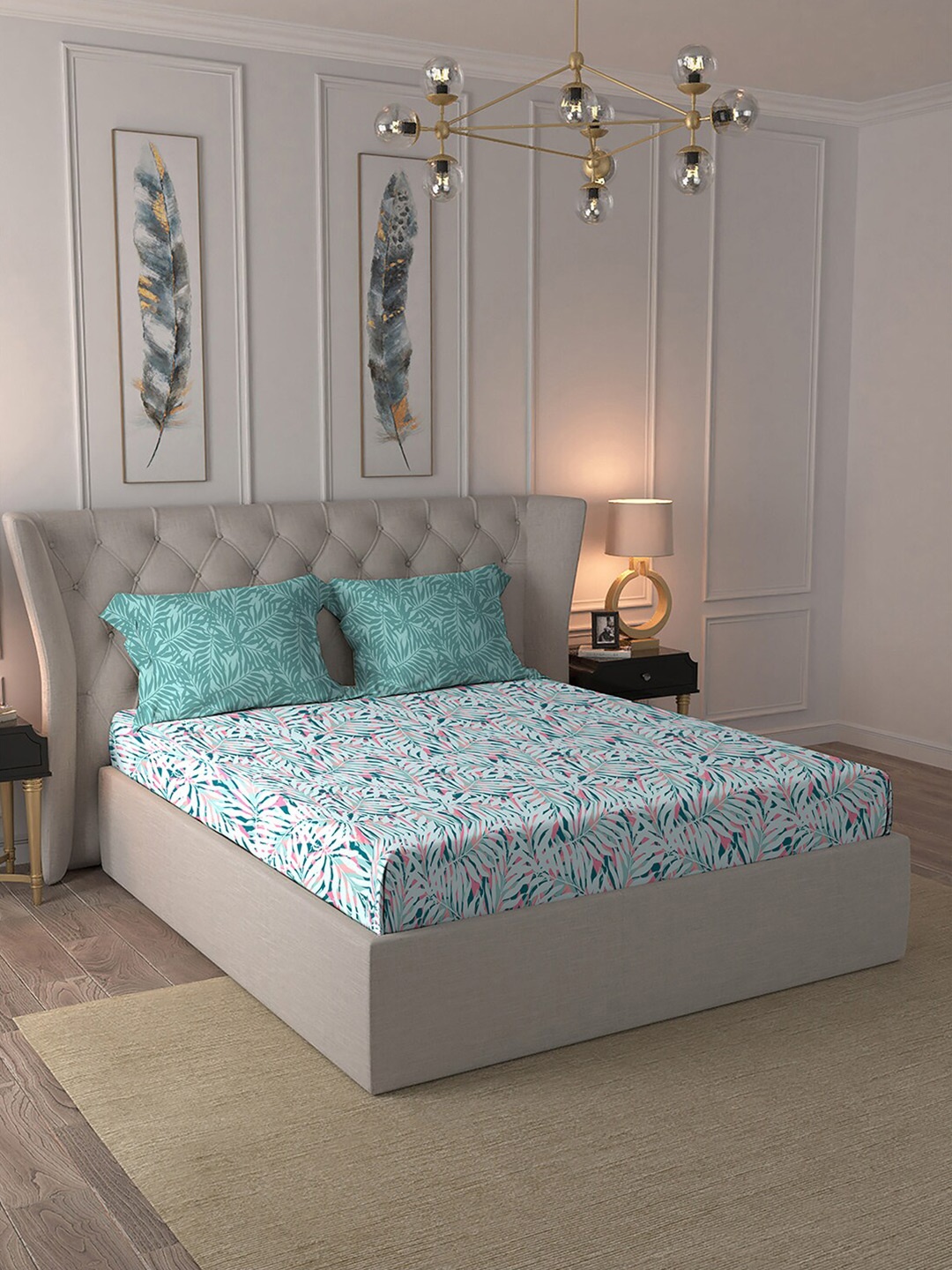 

MYTRIDENT Comfort Living Green Floral Pure Cotton 120 TC Queen Bedsheet & 2 Pillow Covers