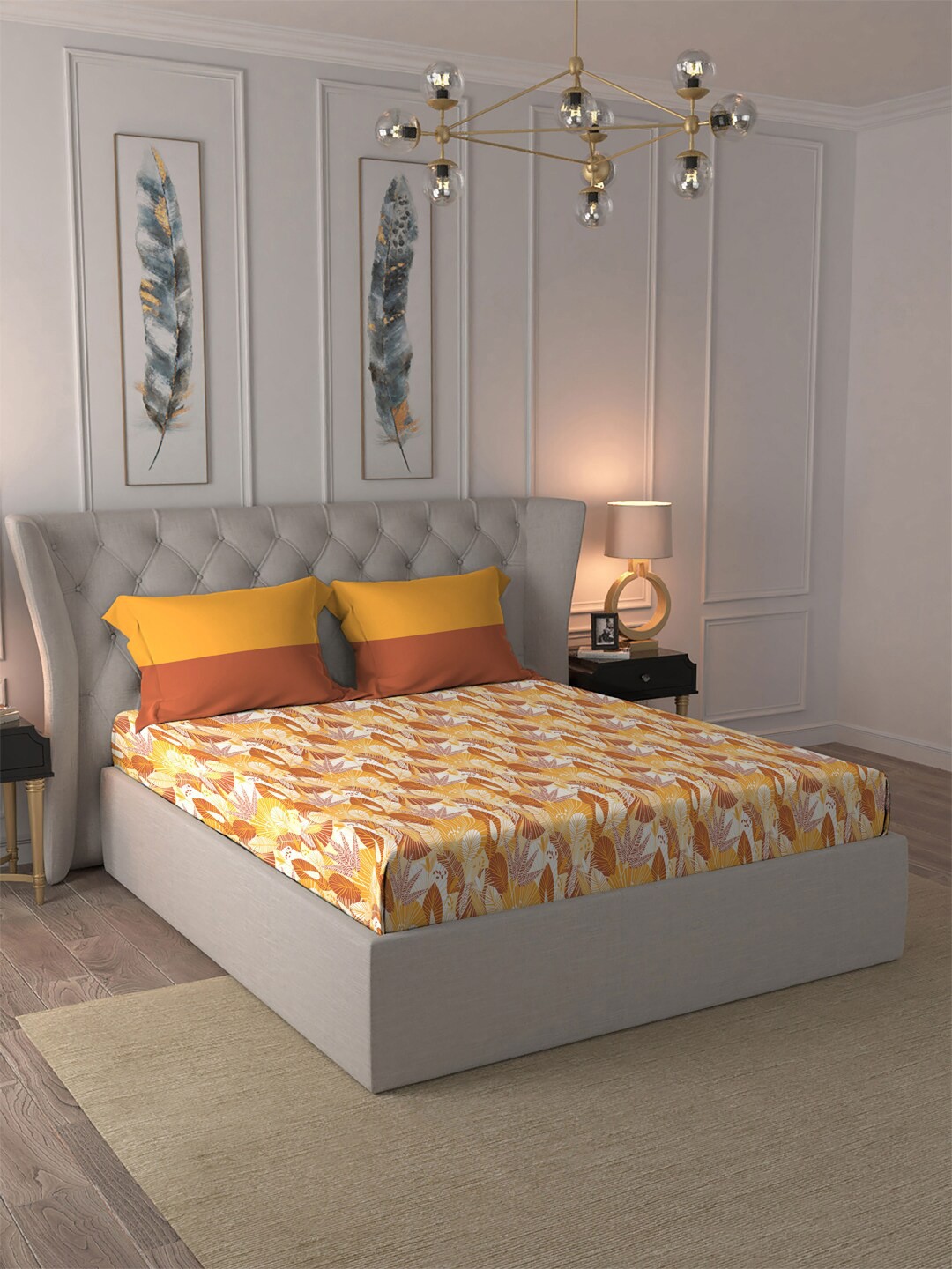 

MYTRIDENT Yellow & White Printed Cotton 120 TC Queen Bedsheet with 2 Pillow Covers