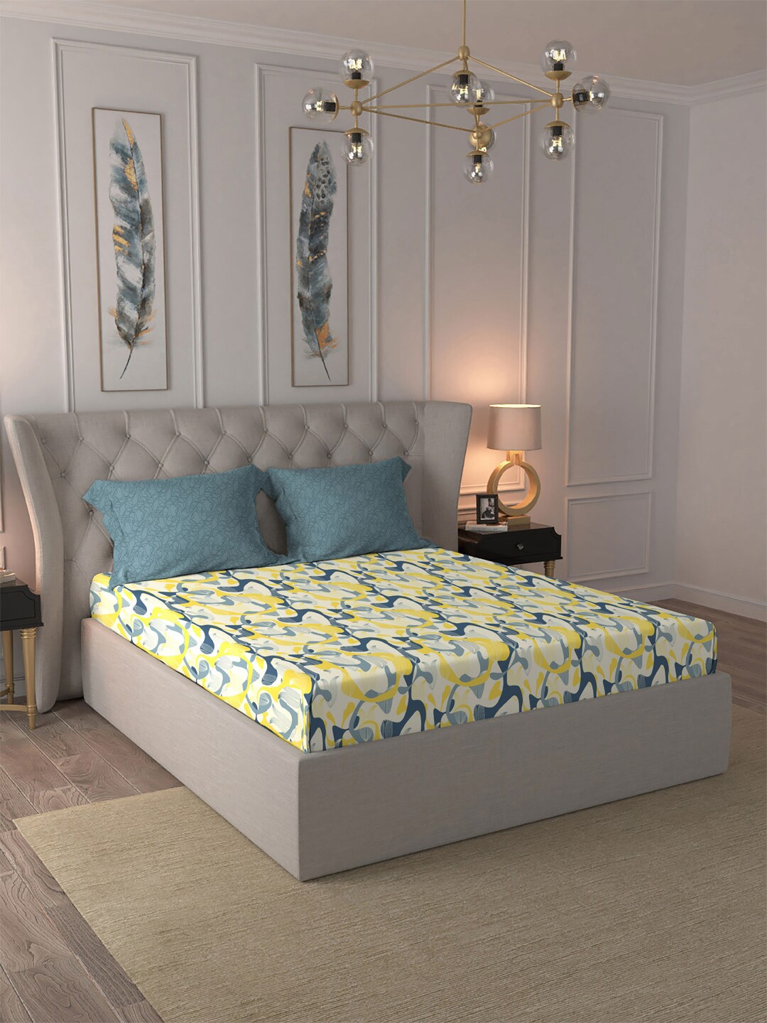 

MYTRIDENT Yellow & Blue Pure Cotton 120 TC Queen Bedsheet with 2 Pillow Covers