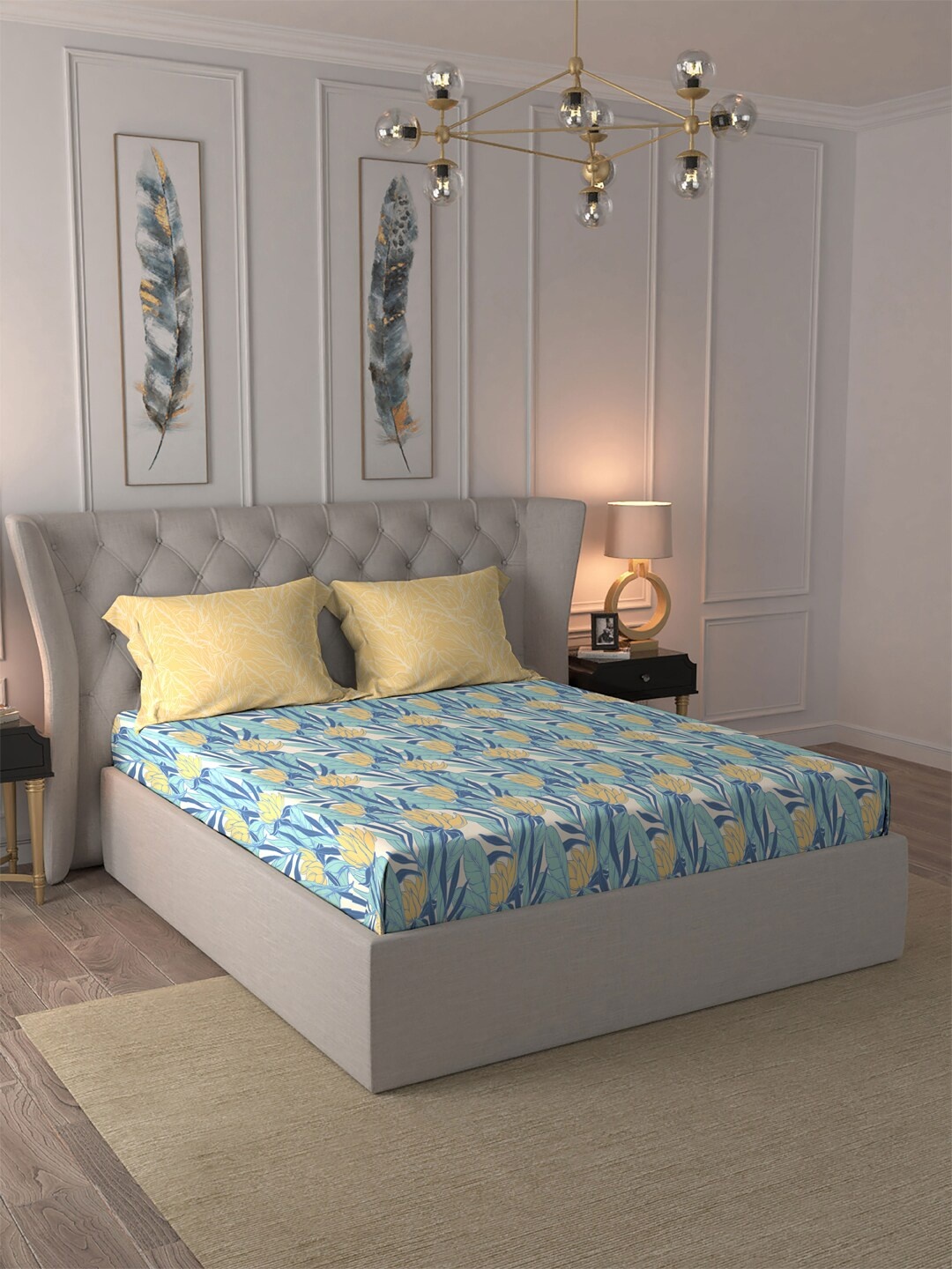 

MYTRIDENT Comfort Living Yellow Floral Cotton 120 TC Queen Bedsheet With 2 Pillow Covers