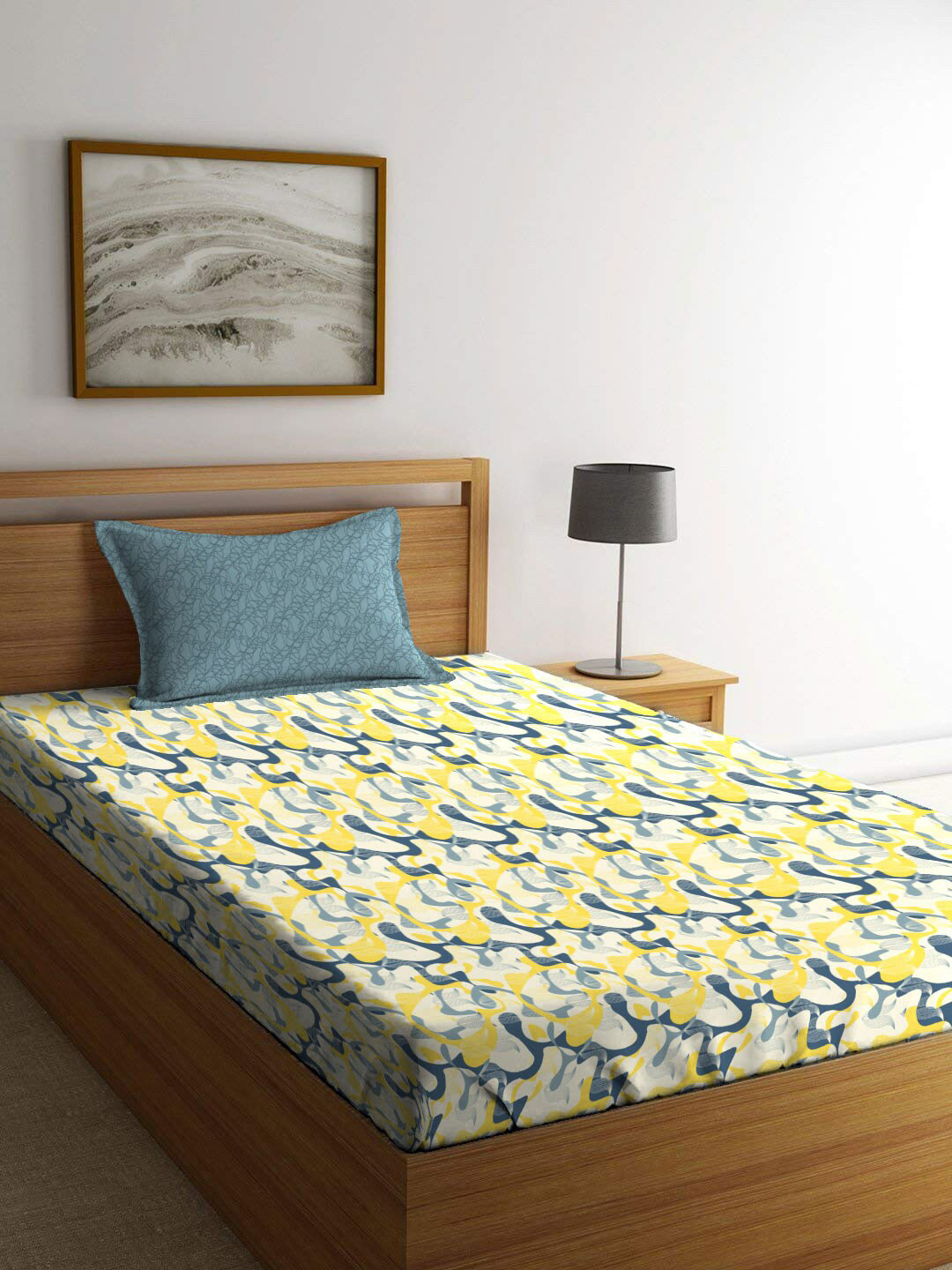 

MYTRIDENT Yellow & Blue Pure Cotton 120 TC Single Bedsheet with 1 Pillow Cover