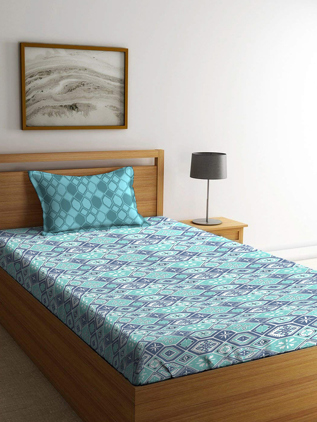 

MYTRIDENT Comfort Living Blue Geometric Cotton 120 TC Single Bedsheet With 1 Pillow Cover