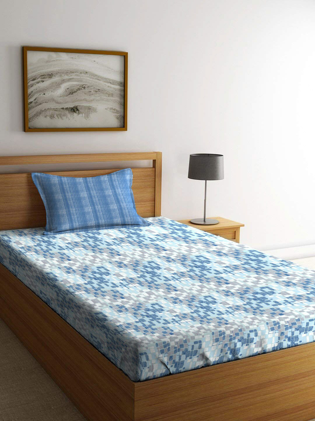 

MYTRIDENT Blue & White Printed Cotton 120 TC Single Bedsheet with 1 Pillow Covers