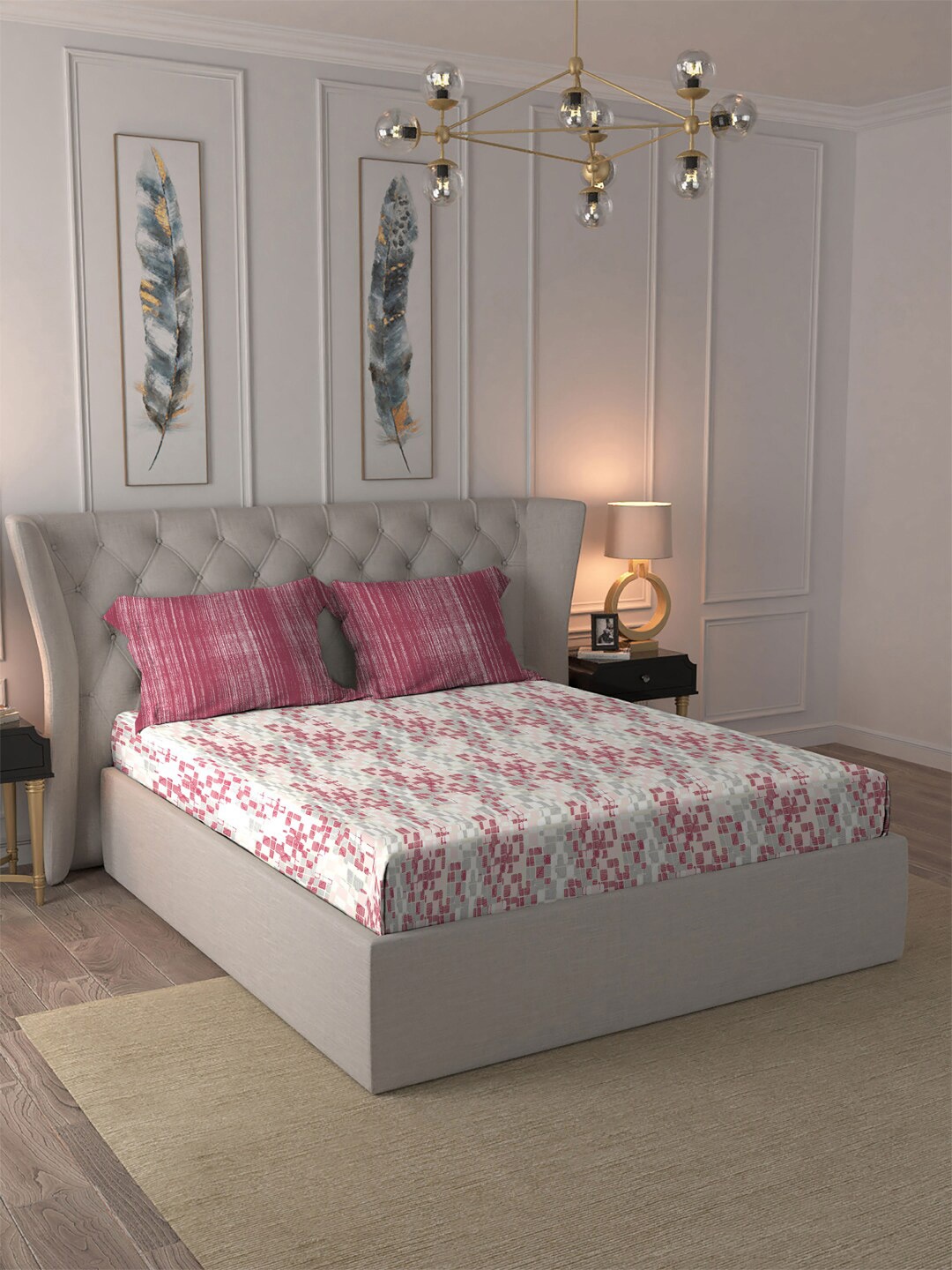 

MYTRIDENT Jazz Pink Comfort Living Flat 120TC Queen Cotton 1 Bedsheet with 2 Pillow Covers, White