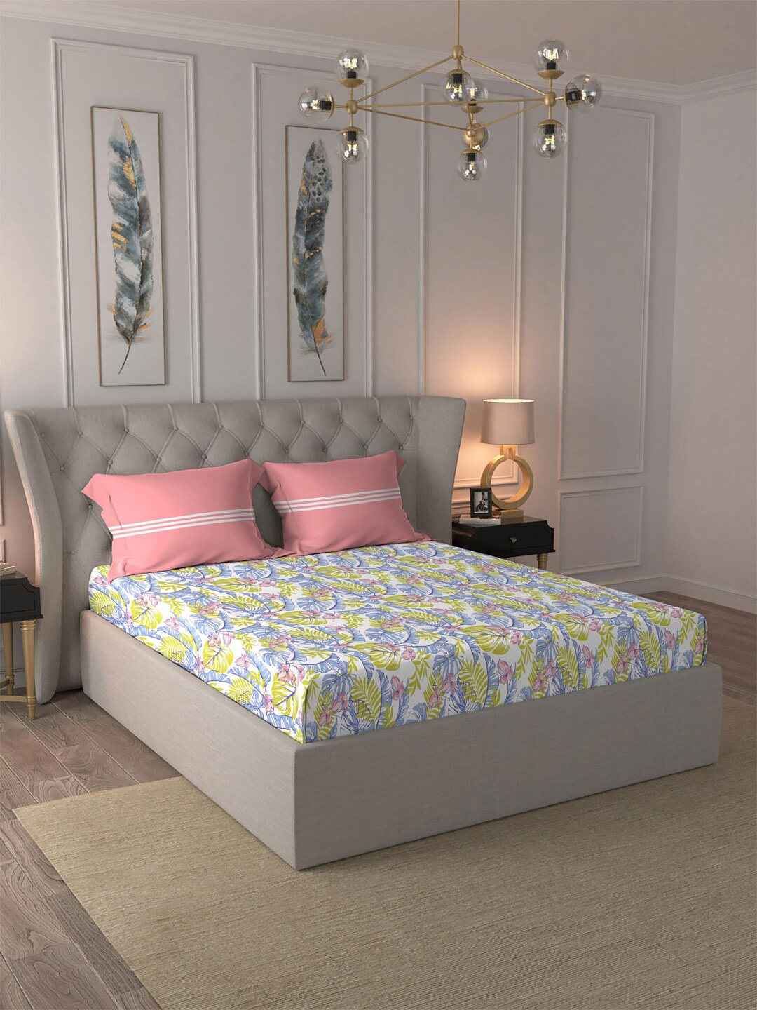

MYTRIDENT Pink & Green Floral Cotton 120 TC Queen Bedsheet With 2 Pillow Covers
