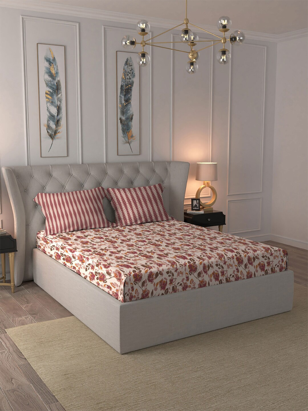

MYTRIDENT Red & White Floral Cotton 120 TC Queen Bedsheet With 2 Pillow Covers