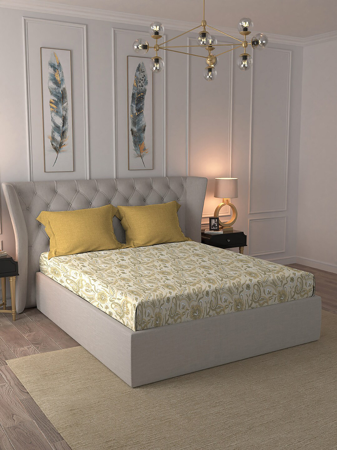 

MYTRIDENT Comfort Living Beige Ethnic Motifs Cotton 120 TC Queen Bedsheet & Pillow Covers