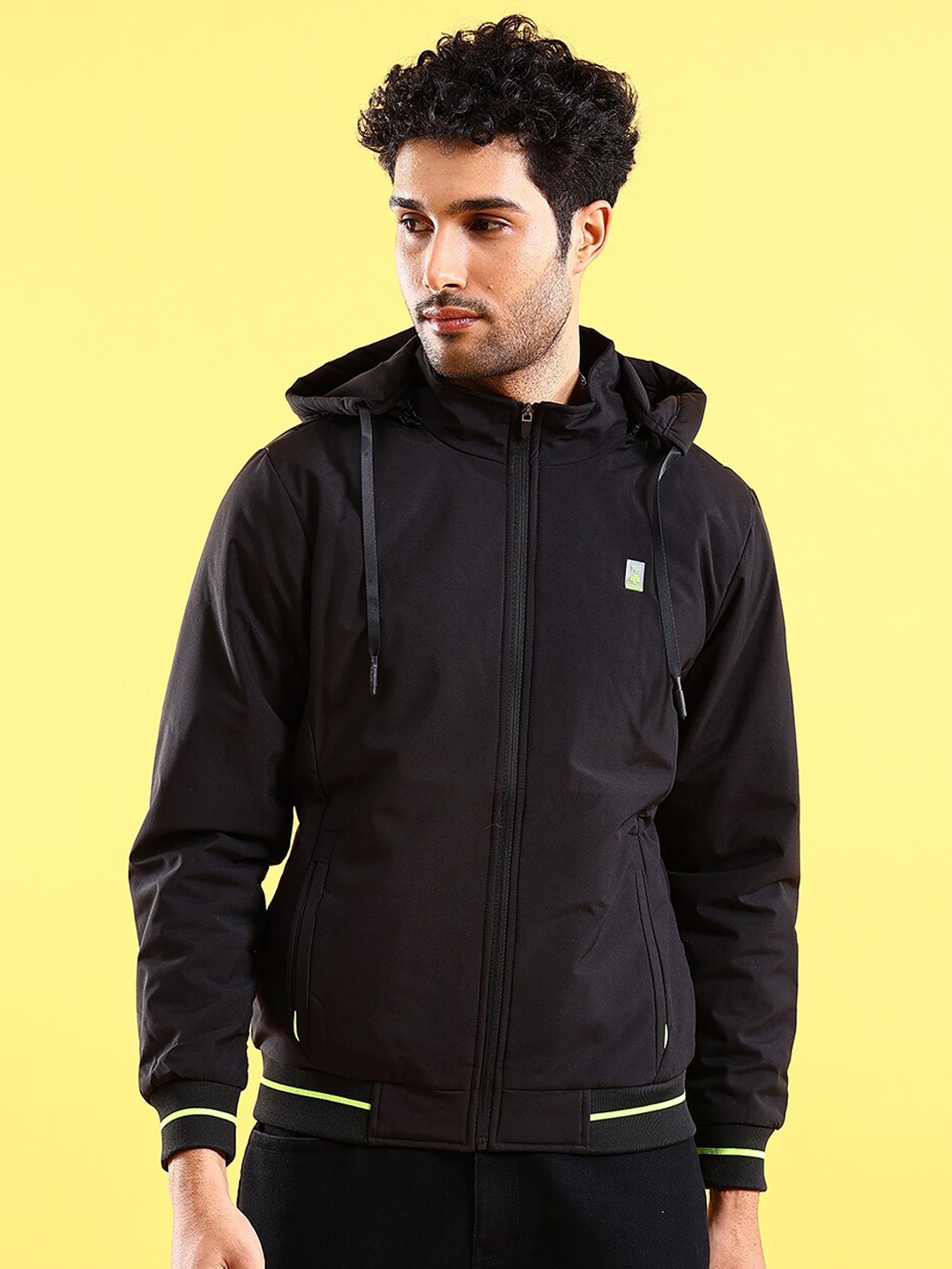 

The Indian Garage Co Men Regular Fit Bomber Jacket with Detachable Hood, Black