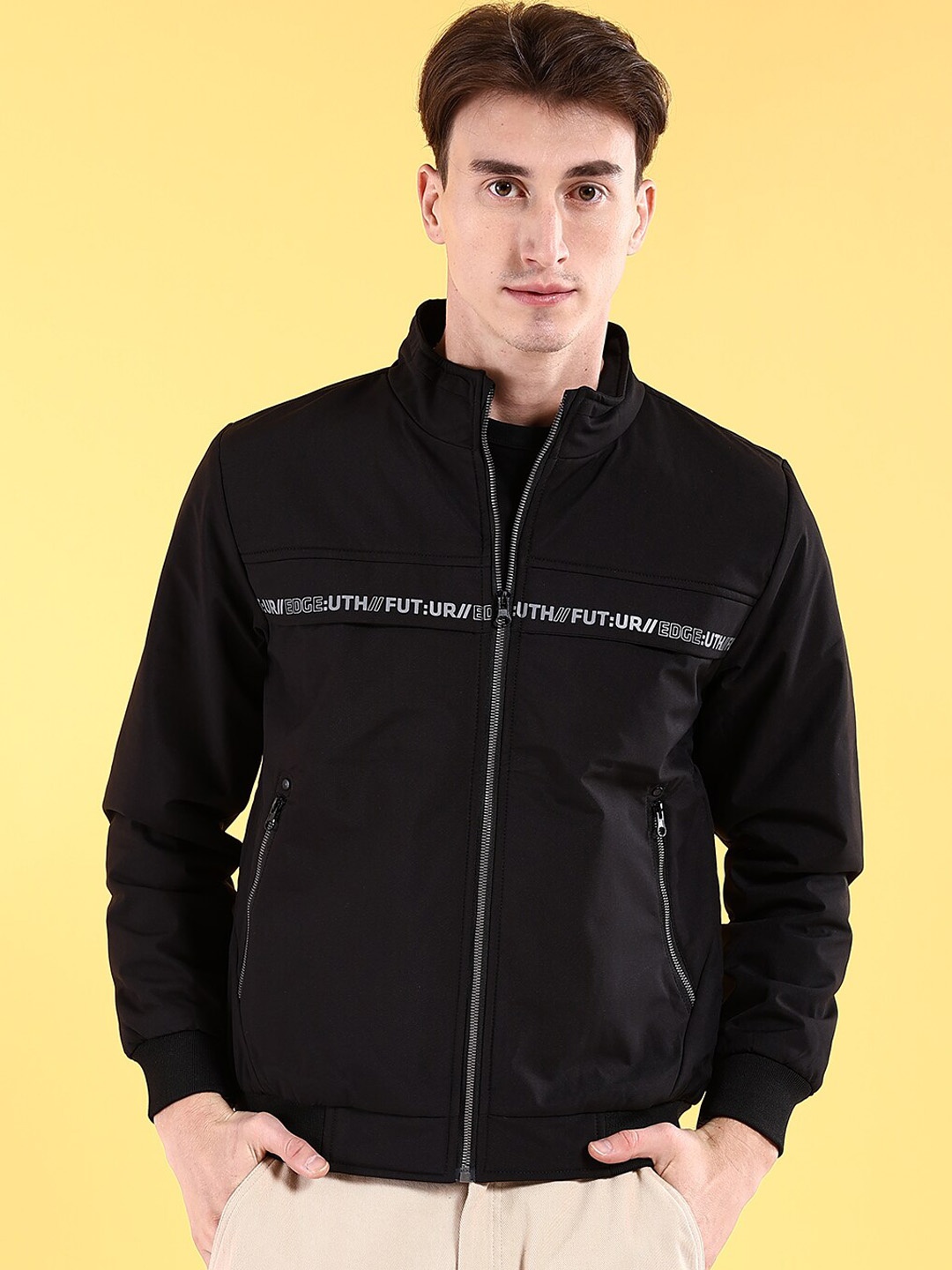 

The Indian Garage Co Men Regular Fit Zip-Front Bomber Jacket, Black