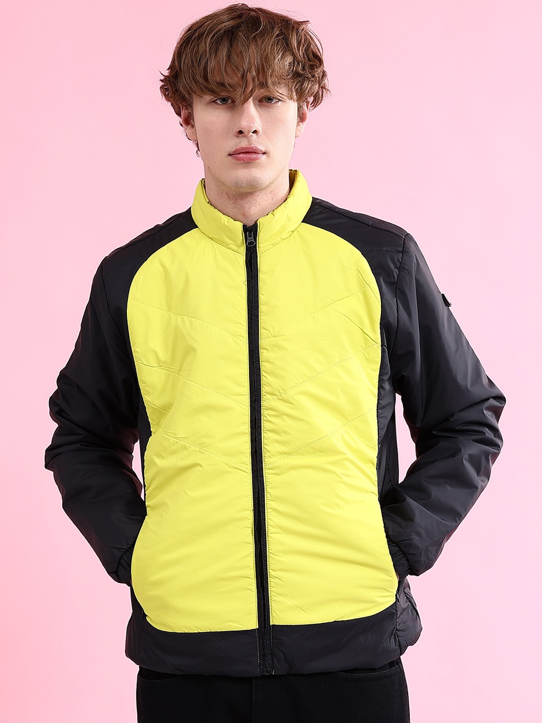 

The Indian Garage Co Men Colourblock Zip-Front Regular Fit Bomber Jacket, Yellow