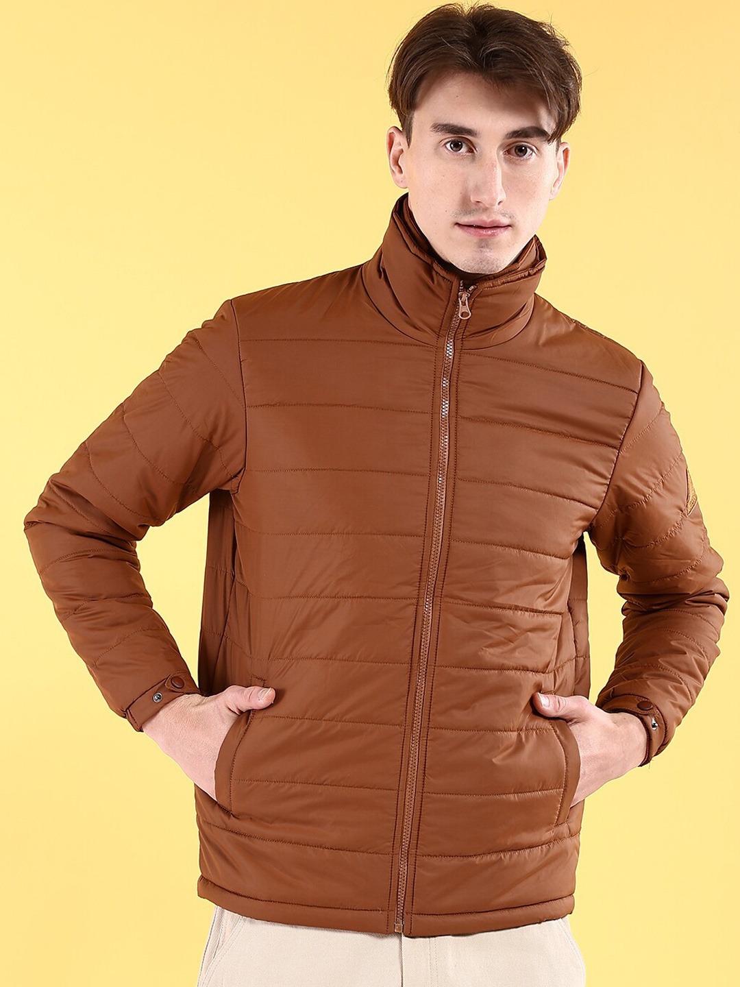 

The Indian Garage Co Men Solid High Neck Puffer Jacket, Tan