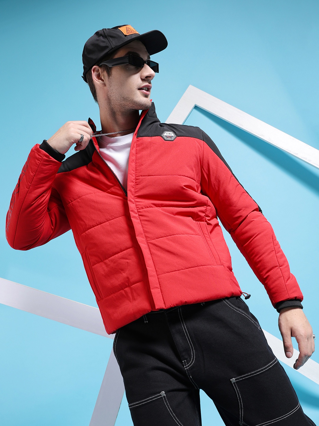 

The Indian Garage Co Colourblocked Mock Collar Padded Jacket, Red