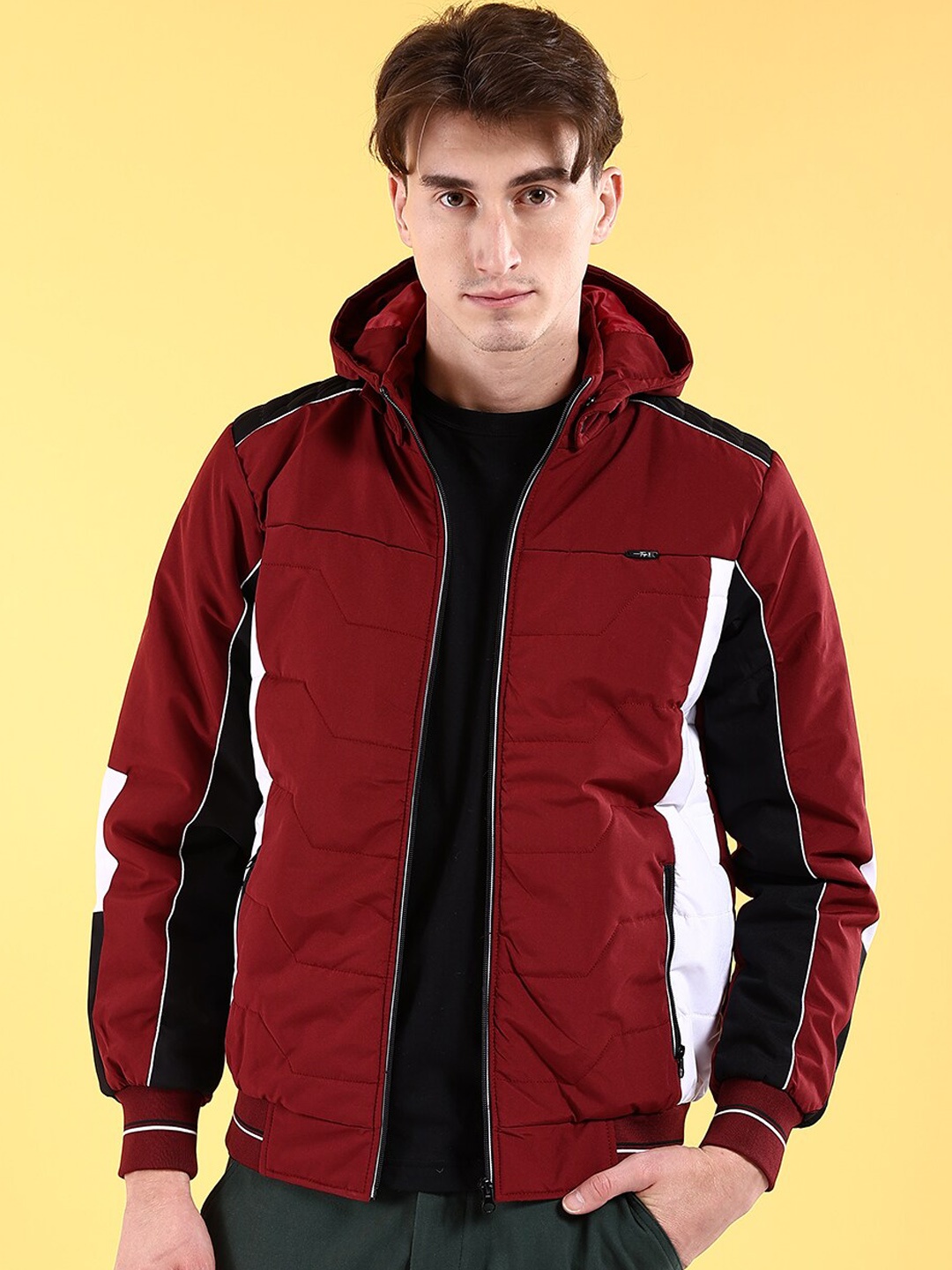 

The Indian Garage Co Men Colourblocked Bomber Jacket with Hood, Maroon