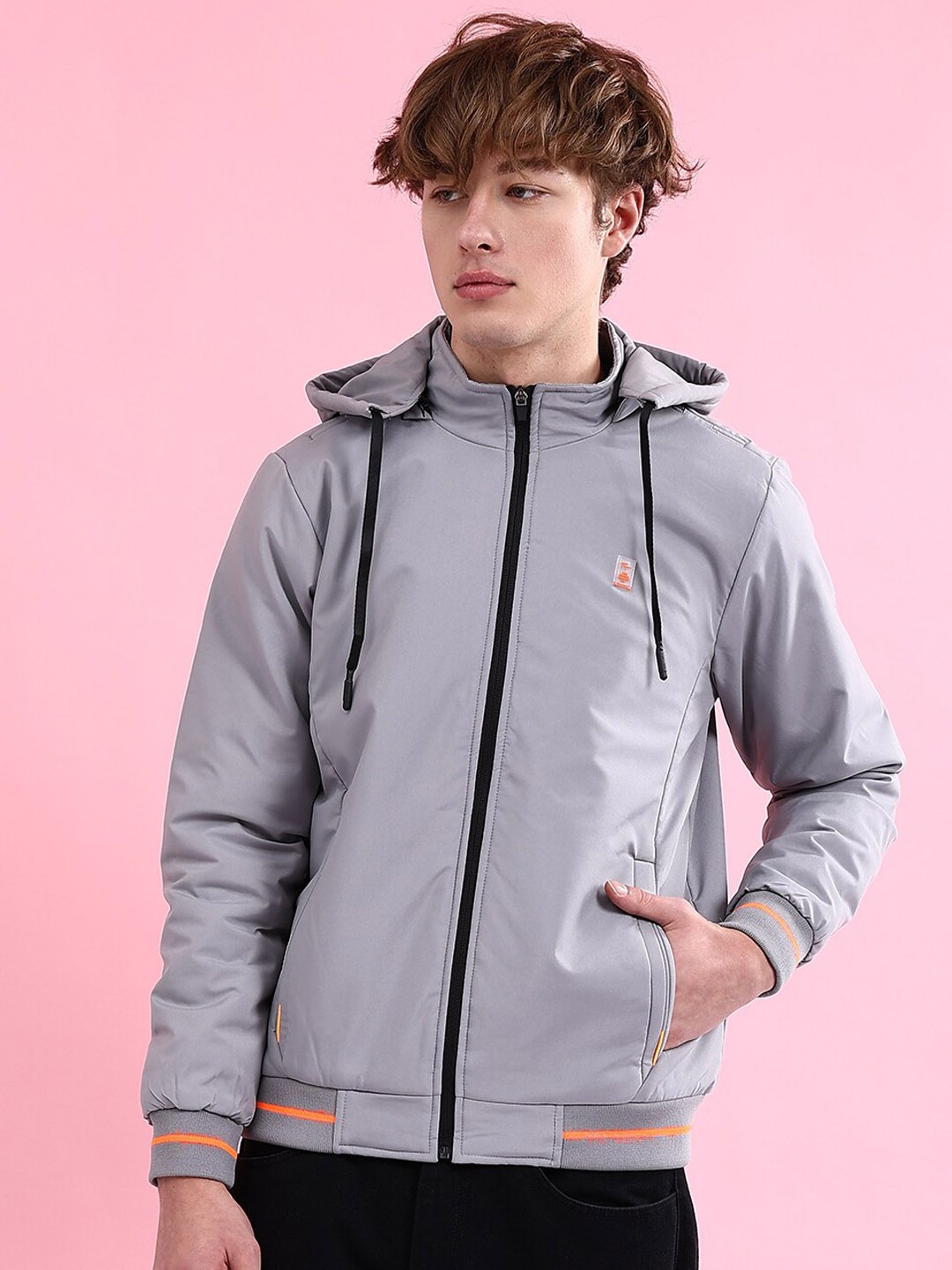 

The Indian Garage Co Men Regular Fit Bomber Jacket with Detachable Hood, Grey