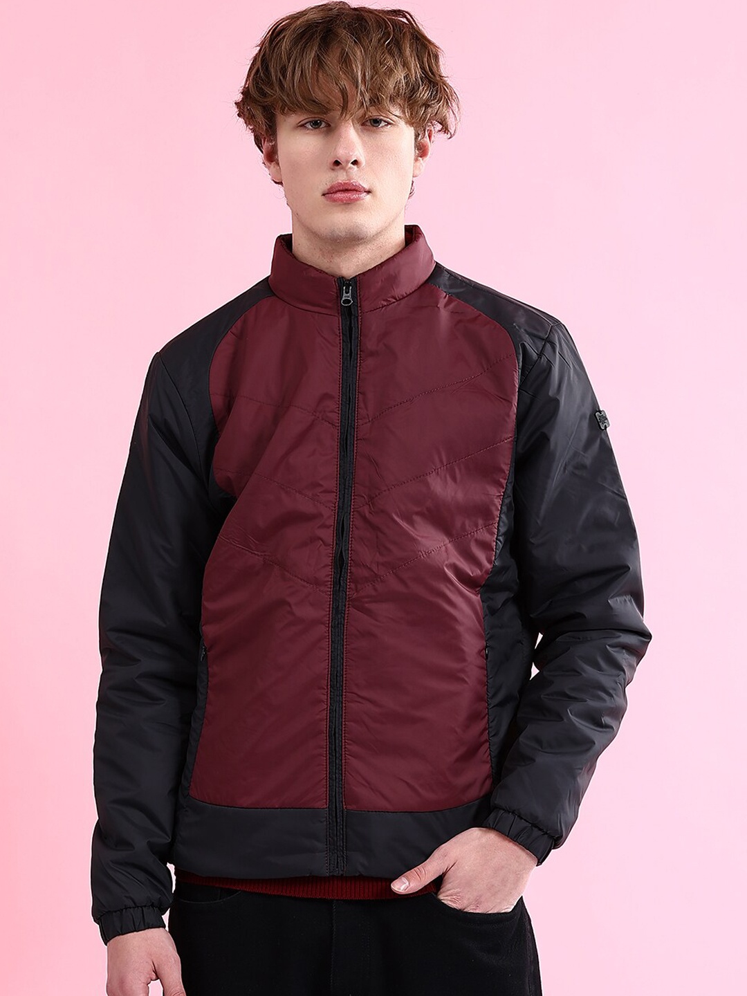 

The Indian Garage Co Colourblocked Mock Collar Puffer Jacket, Burgundy