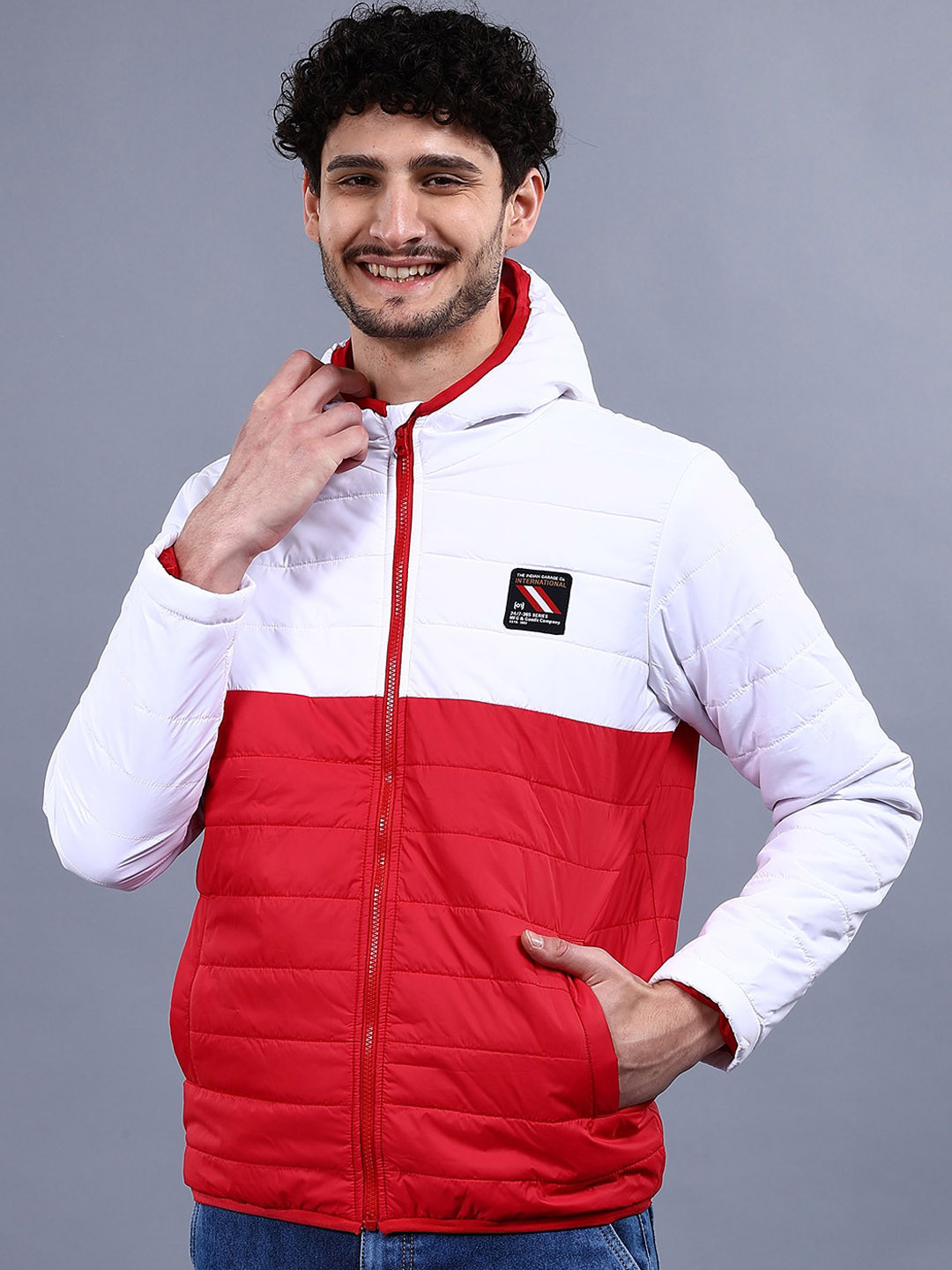 

The Indian Garage Co Men Colourblock Regular Fit Hooded Puffer Jacket, Red