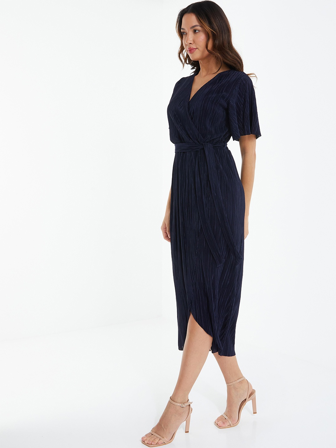 

QUIZ Self Design V-Neck Wrap Dress, Navy blue