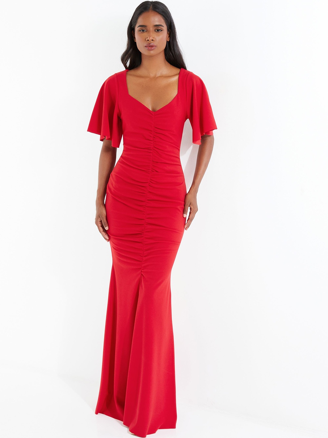 

QUIZ V-Neck Flared Sleeve Gathered Detail Maxi Dress, Rust