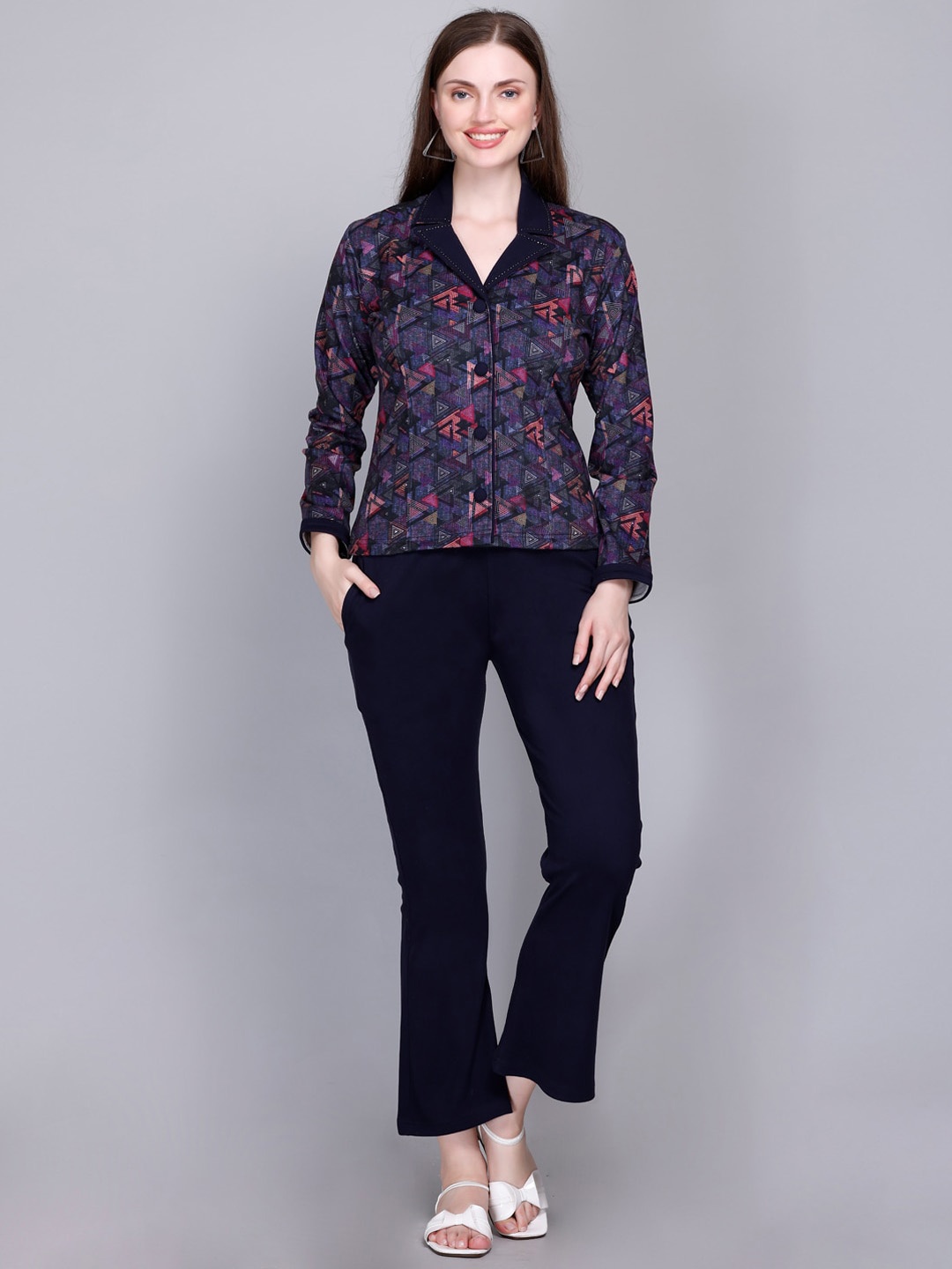 

VELVTINE Printed Pure Wool Shirt With Trousers Co-Ords, Navy blue