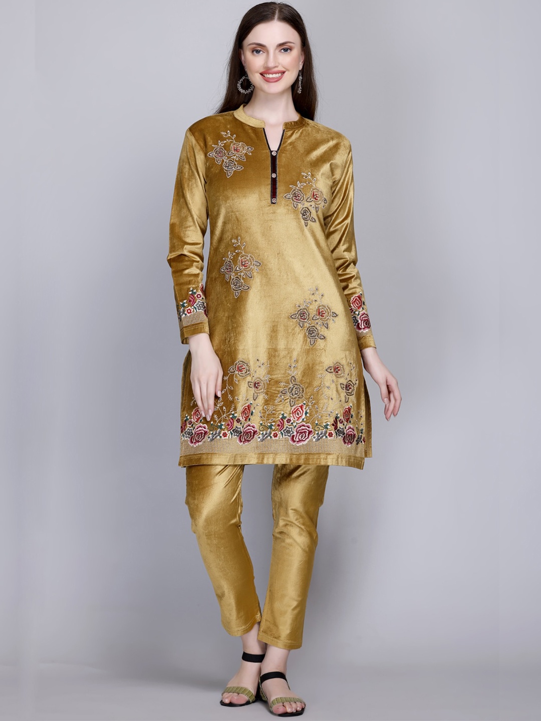

VELVTINE Floral Embroidered Band Collar Pure Wool Kurta with Trousers, Beige