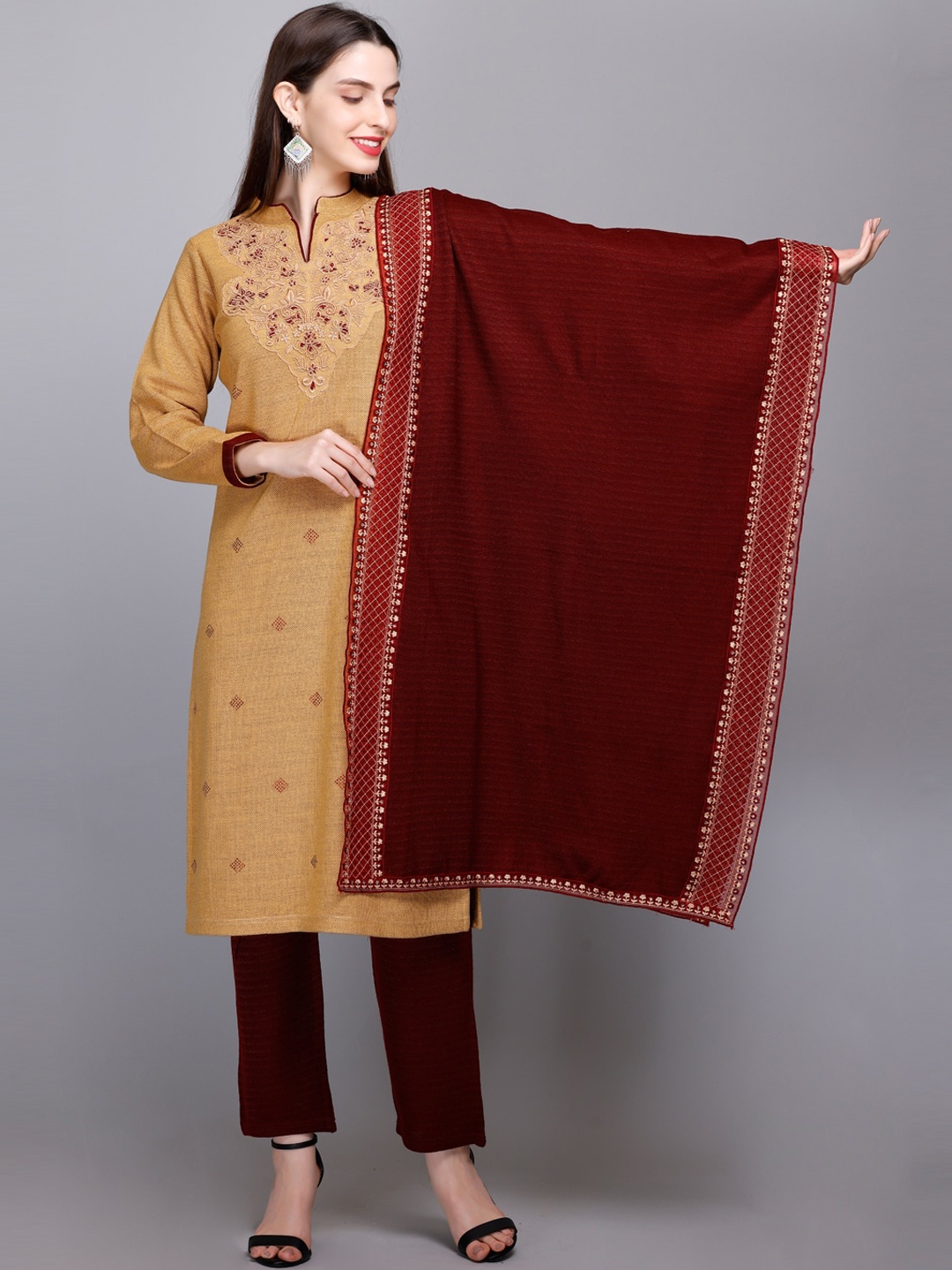 

VELVTINE Ethnic Motifs Embroidered Beads & Stones Pure Wool Kurta With Trouser, Yellow