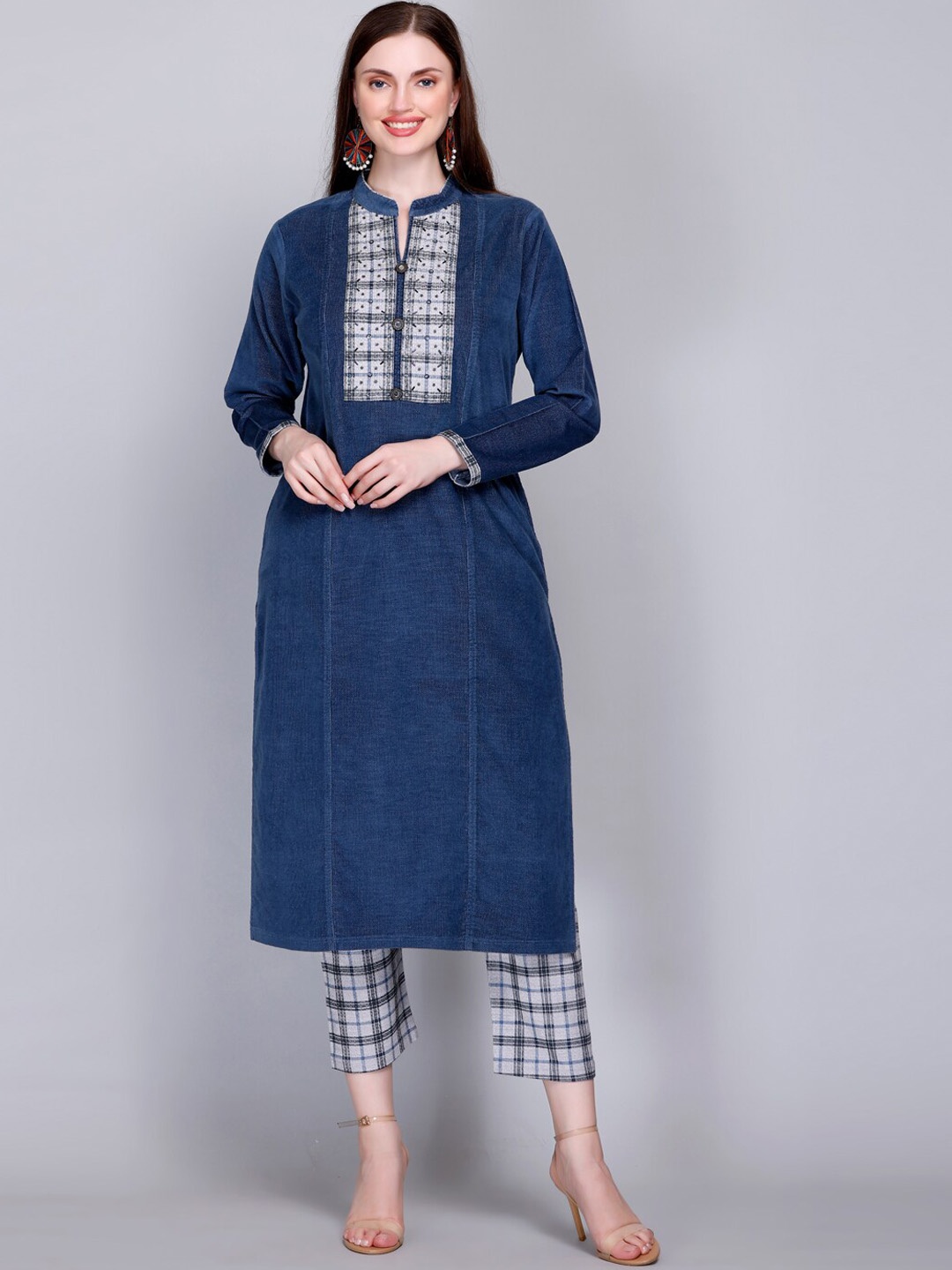 

VELVTINE Ethnic Motifs Yoke Design Regular Pure Wool Kurta With Trousers, Blue