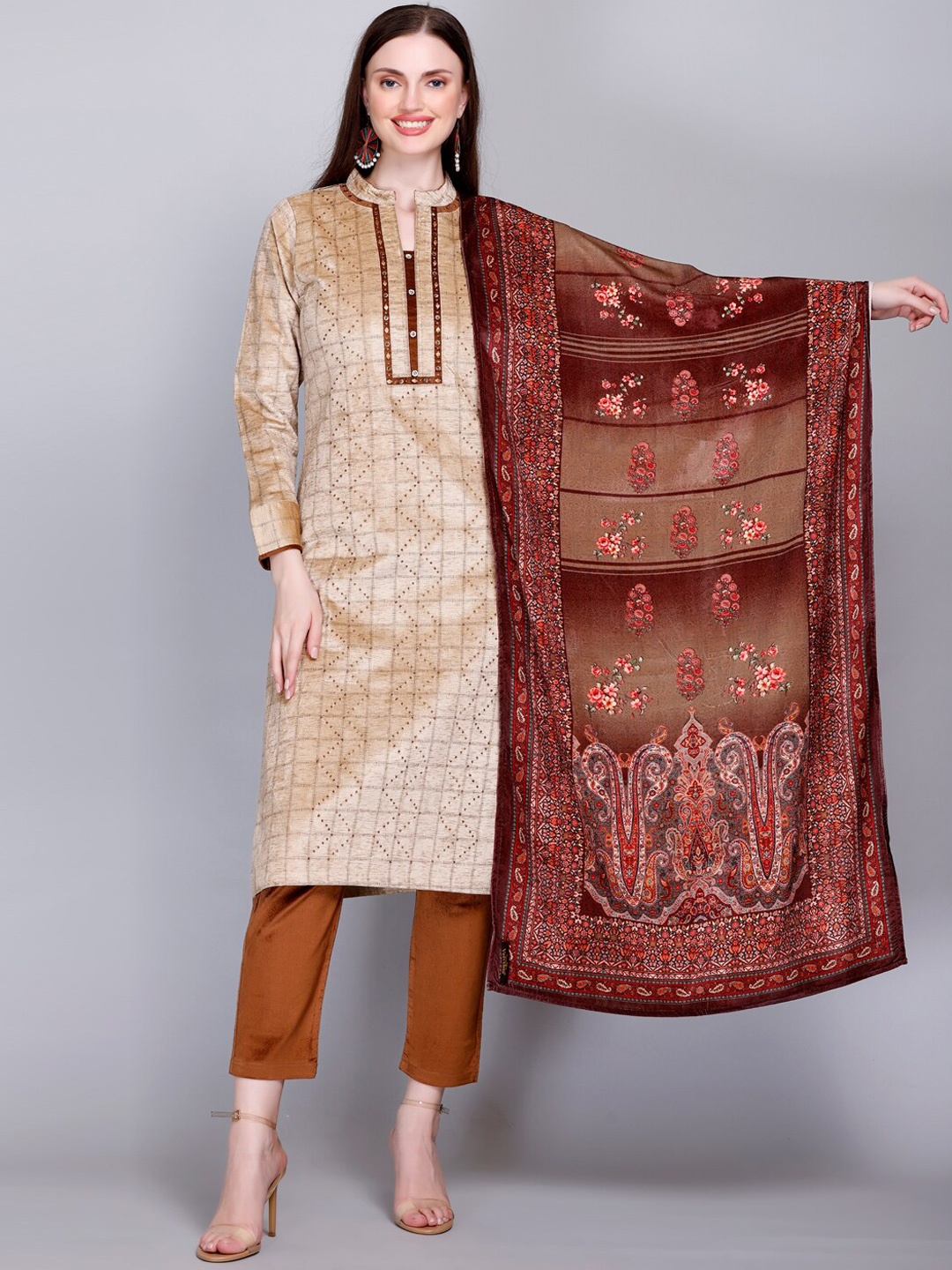 

VELVTINE Women Beige Regular Sequinned Pure Wool Kurti with Trousers & With Dupatta