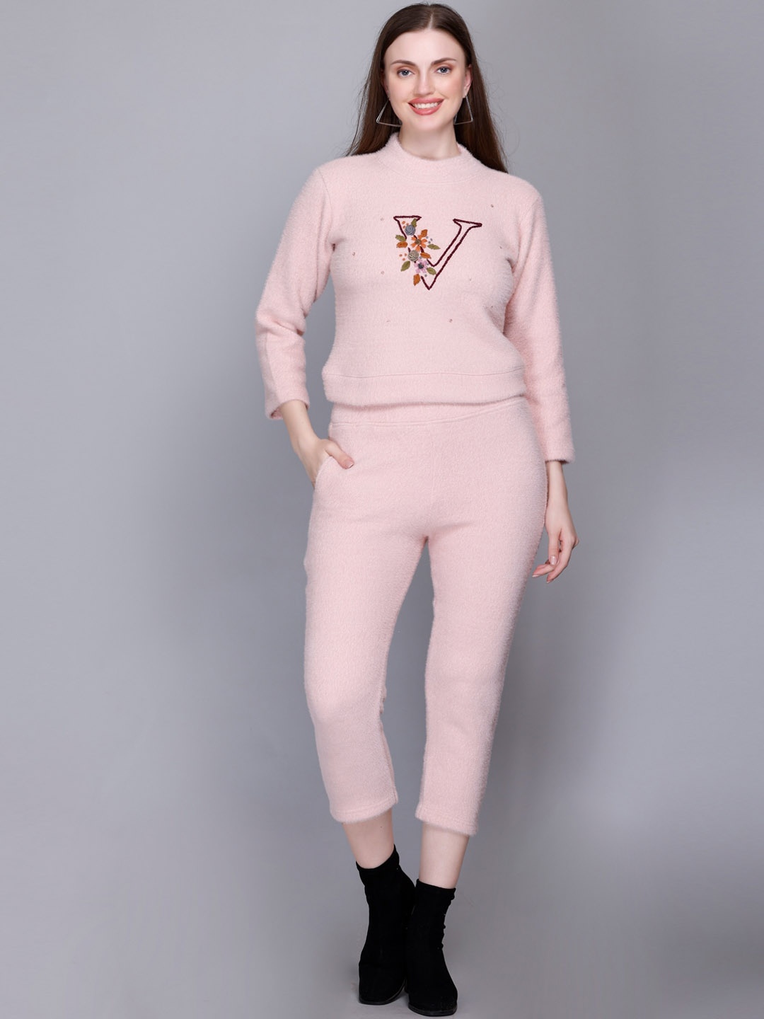 

VELVTINE Embroidered Top With Pure Wool Trousers, Pink
