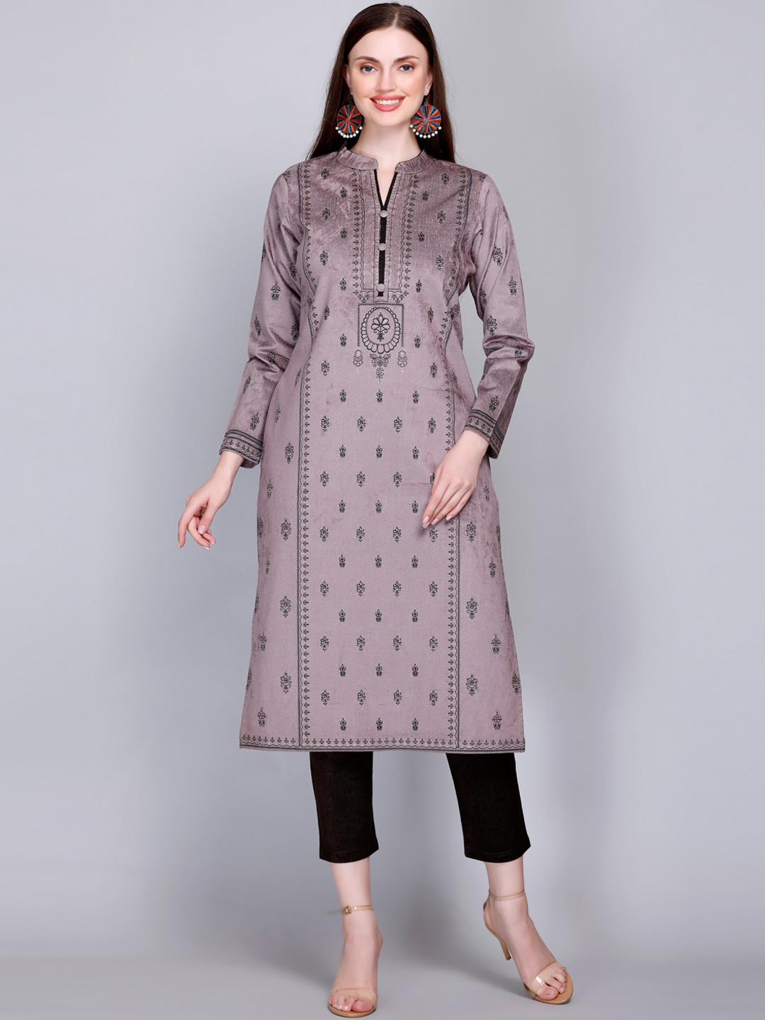 

VELVTINE Ethnic Motifs Printed Mandarin Collar Pure Wool Kurta with Trousers, Grey