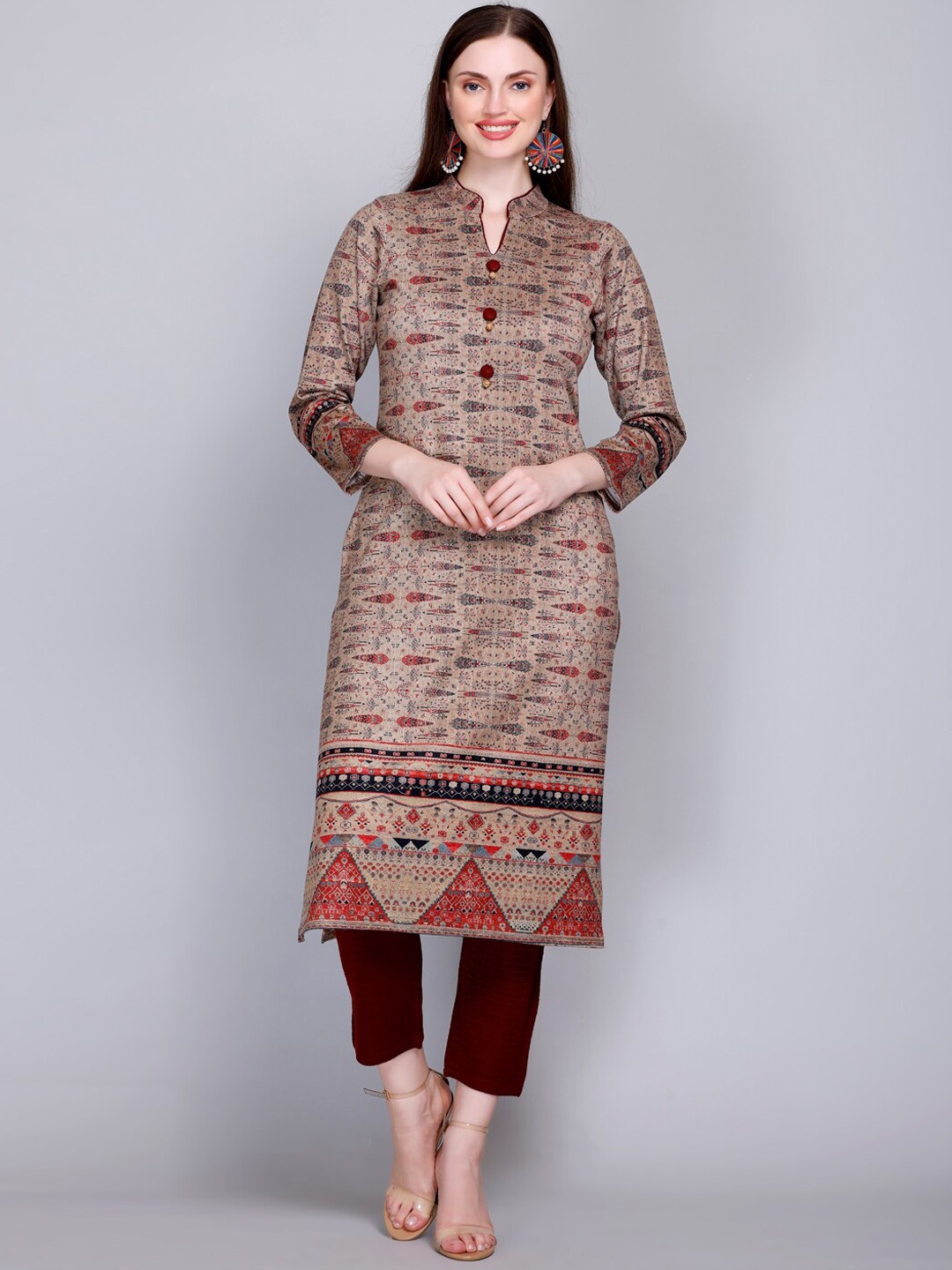 

VELVTINE Ethnic Motifs Printed Mandarin Collar Pure Wool Kurta with Trousers, Beige