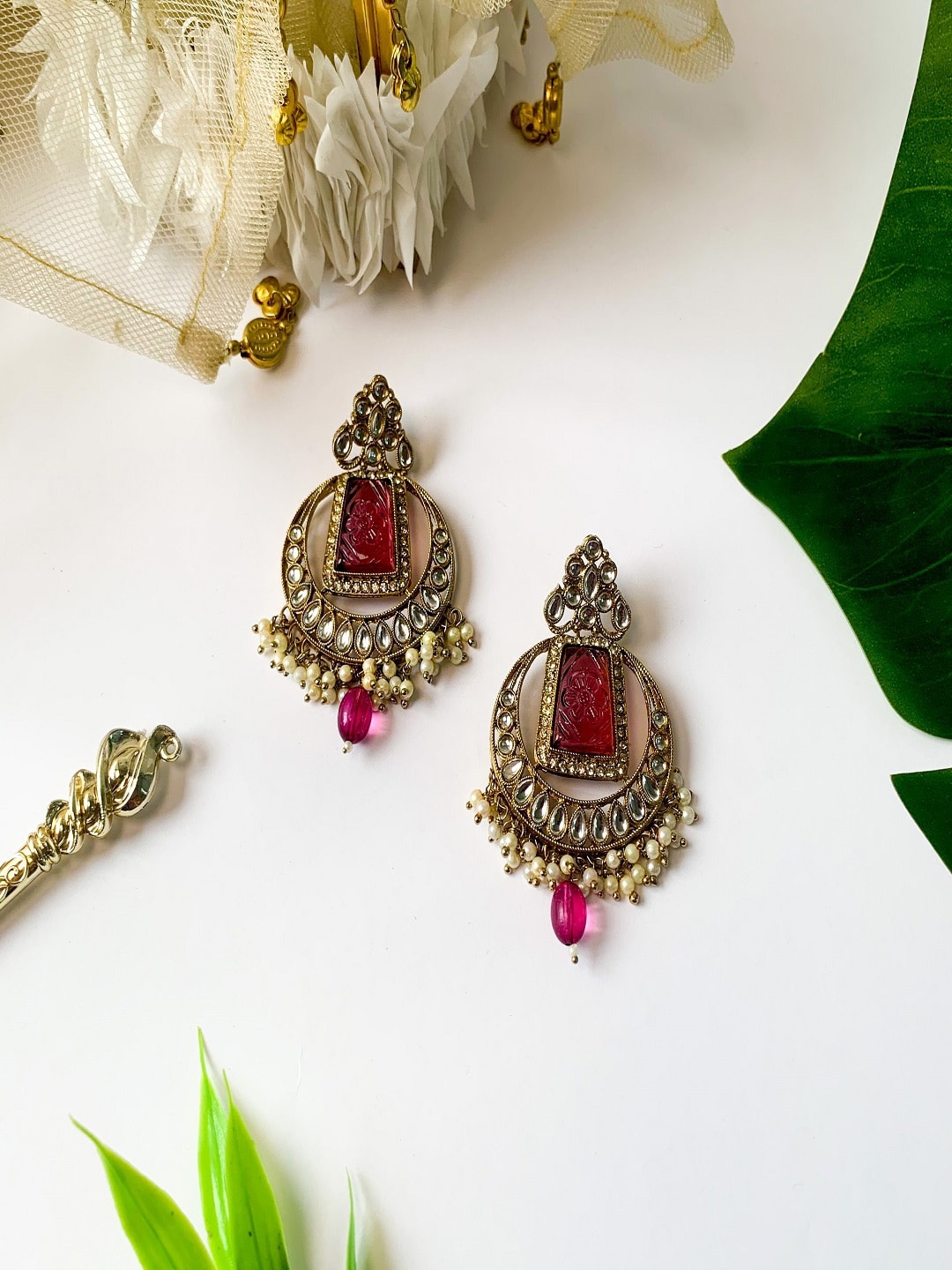 

I Jewels Gold-Plated Kundan Contemporary Chandbalis, Purple