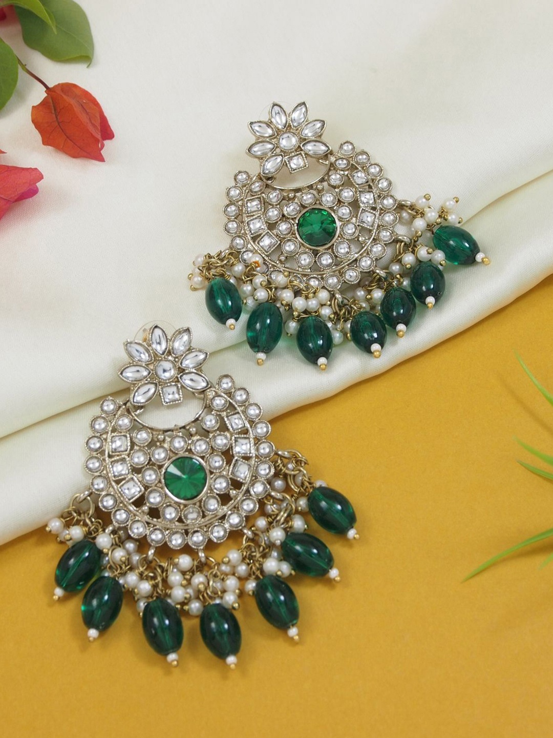 

I Jewels Gold-Plated Kundan Contemporary Chandbalis, Green