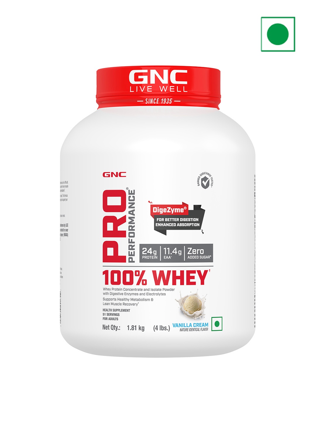 

GNC Pro Performance 100% Whey Protein Powder - Vanilla Cream - 1.81 kg, Red