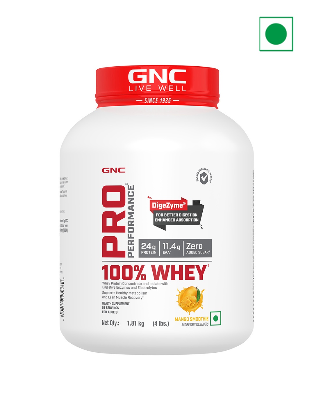 

GNC Pro Performance 100% Whey Protein Powder - Mango Smoothie - 1.81 kg, Red