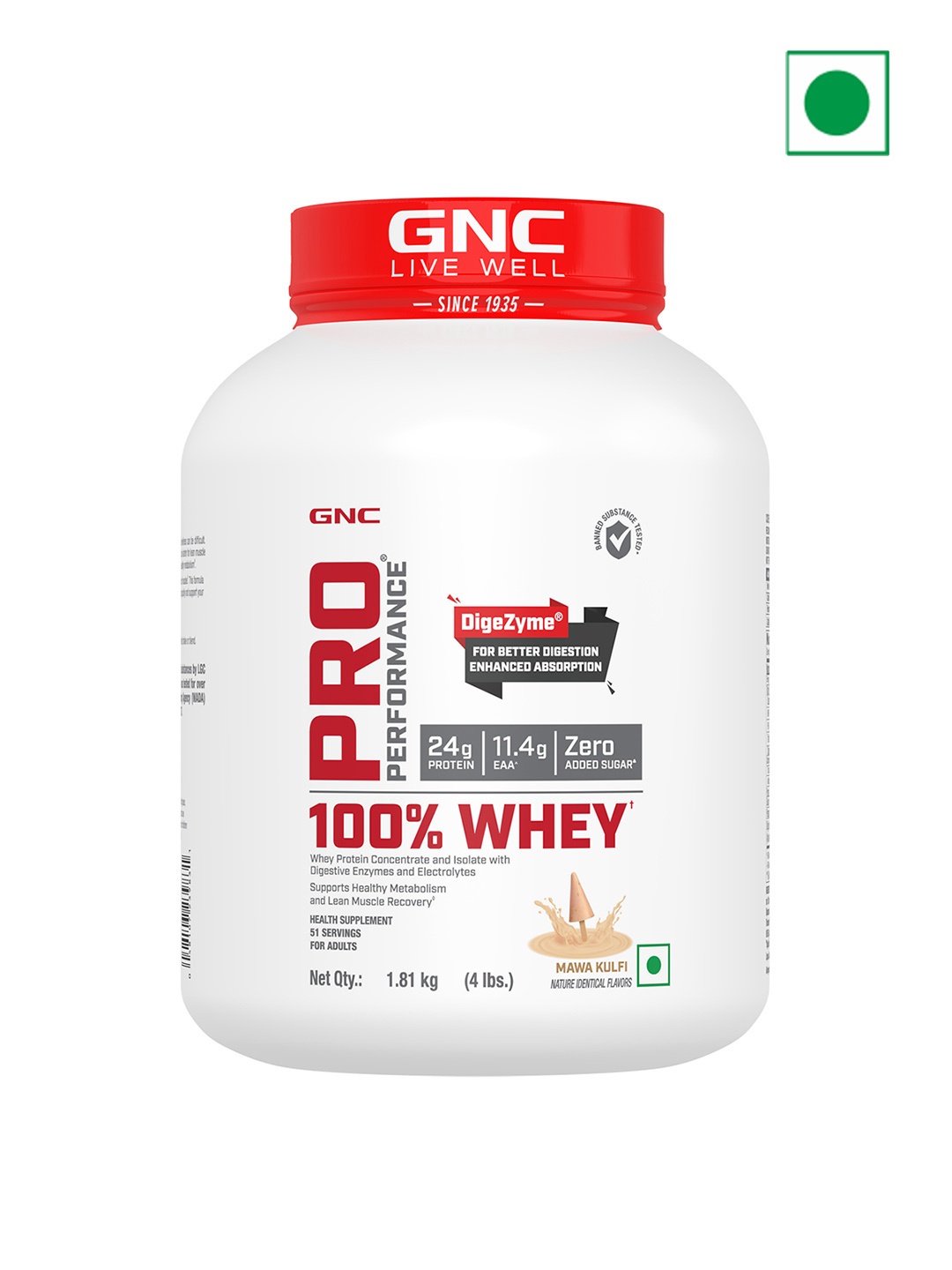 

GNC Pro Performance 100% Whey Protein Powder- Mawa Kulfi - 1.81 kg, Red