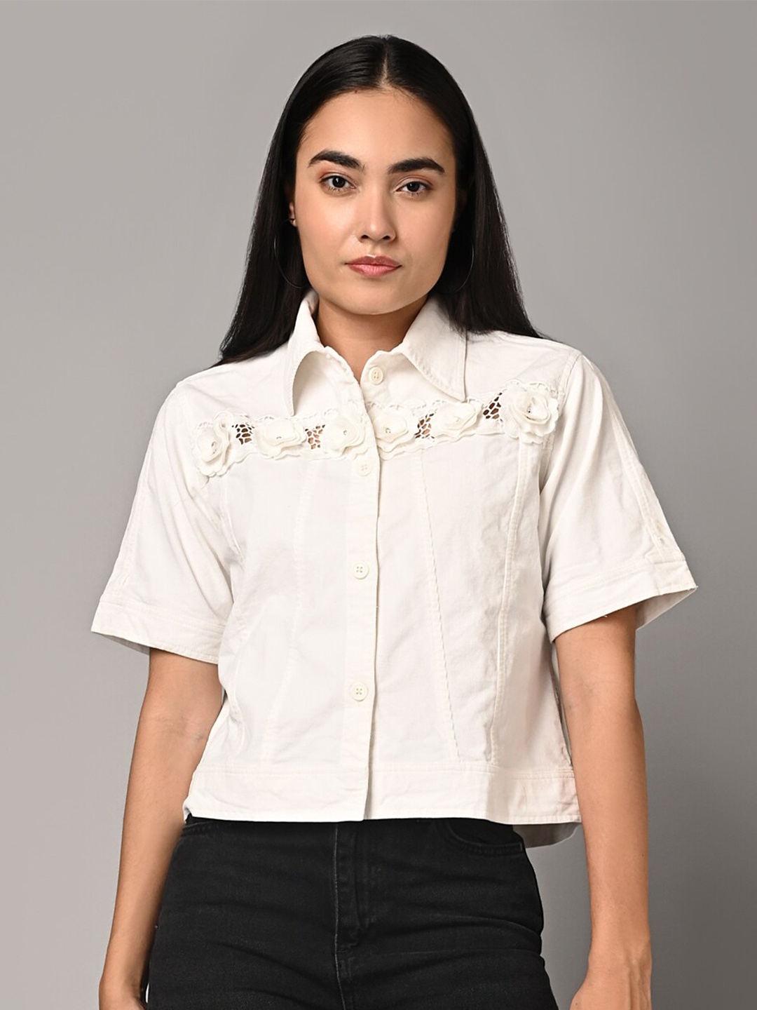 

Justin Whyte Shirt Collar Embellished Cotton Shirt Style Top, White