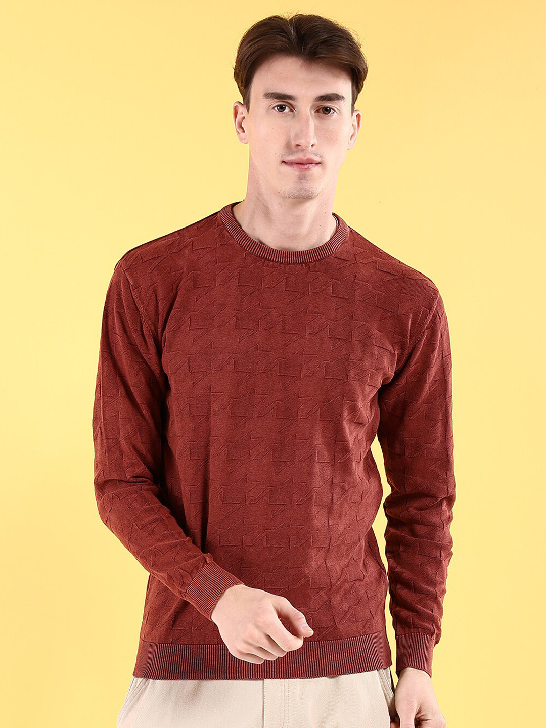 

The Indian Garage Co Self Design Geometric Pullover Acrylic Sweater, Rust