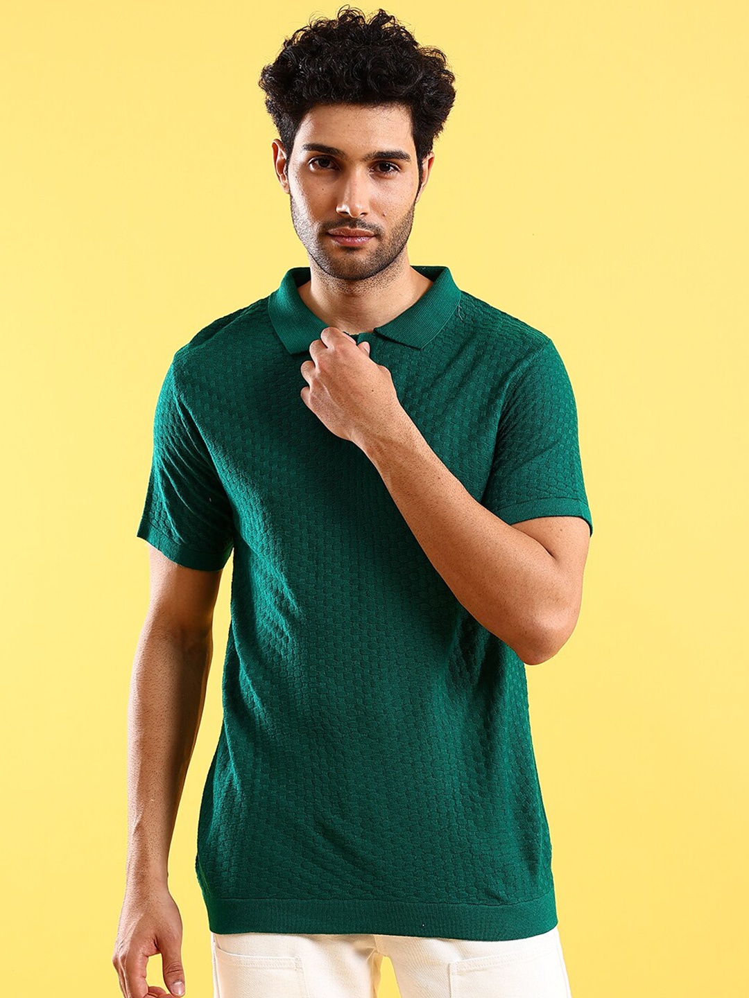 

The Indian Garage Co Self Design Polo Collar Acrylic Pullover Sweater, Green