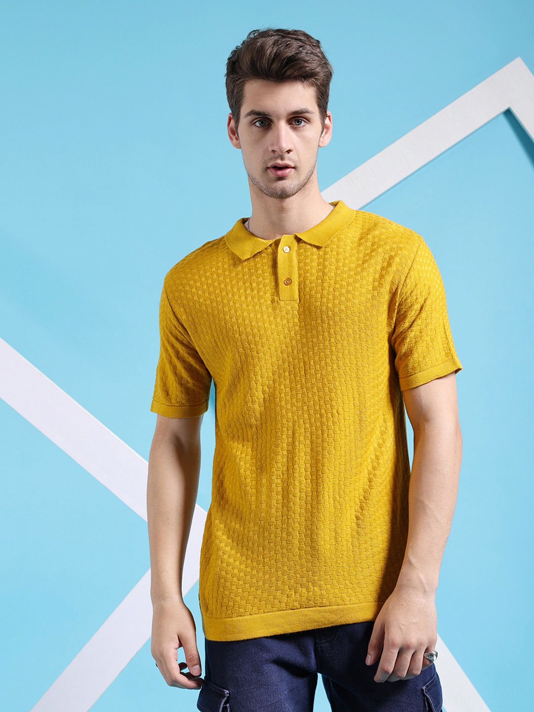 

The Indian Garage Co Self Design Polo Collar Acrylic Pullover Sweater, Yellow