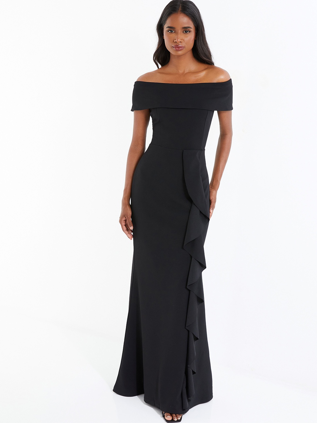 

QUIZ Off-Shoulder Ruffles Maxi Dress, Black